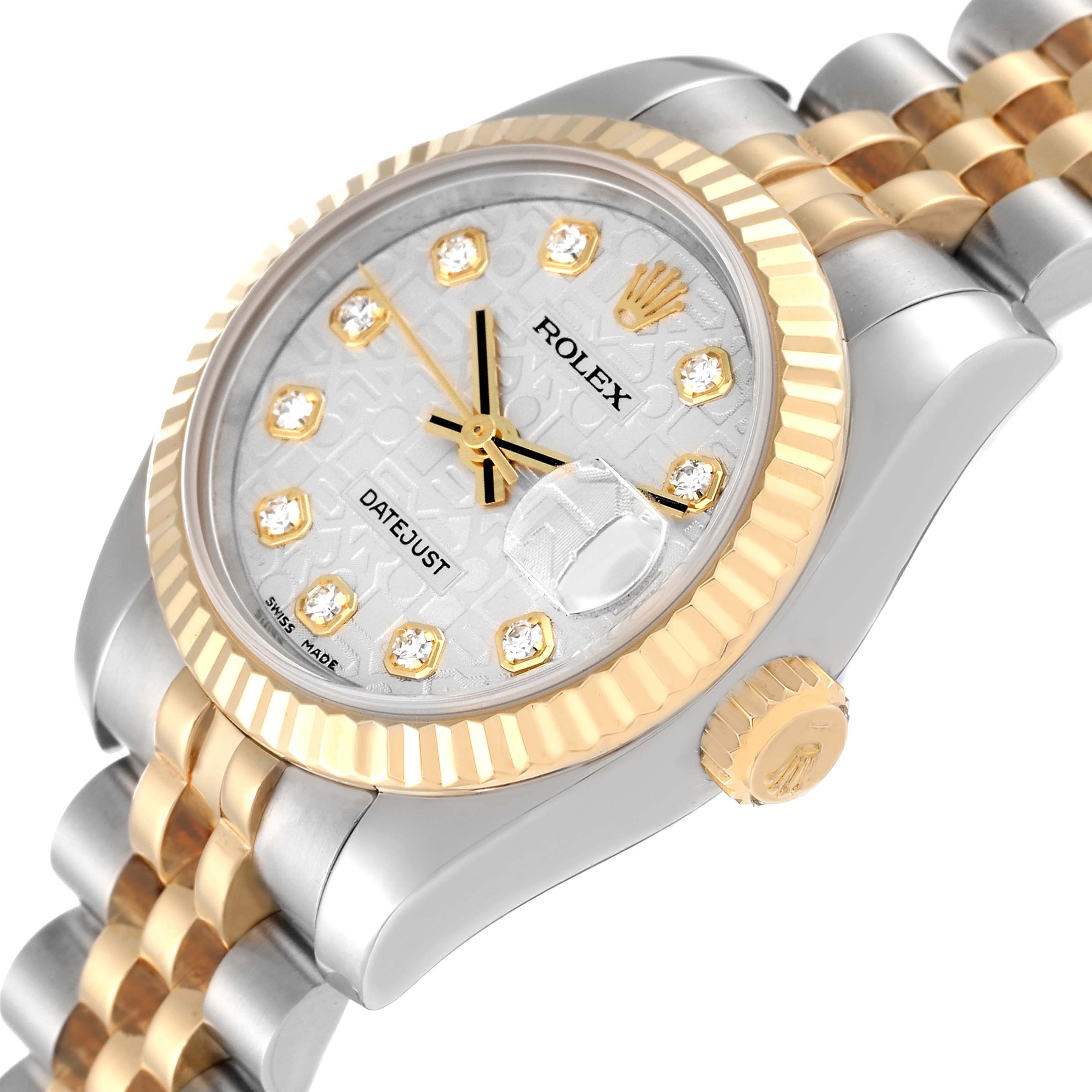 This image shows a close-up angle of a Rolex Datejust 179173 Women's Steel and Gold (two tone) Silver Dial 179173 Women's Steel and Gold (two tone) Silver Dial watch, focusing on the dial, crown, bezel, and part of the bracelet.