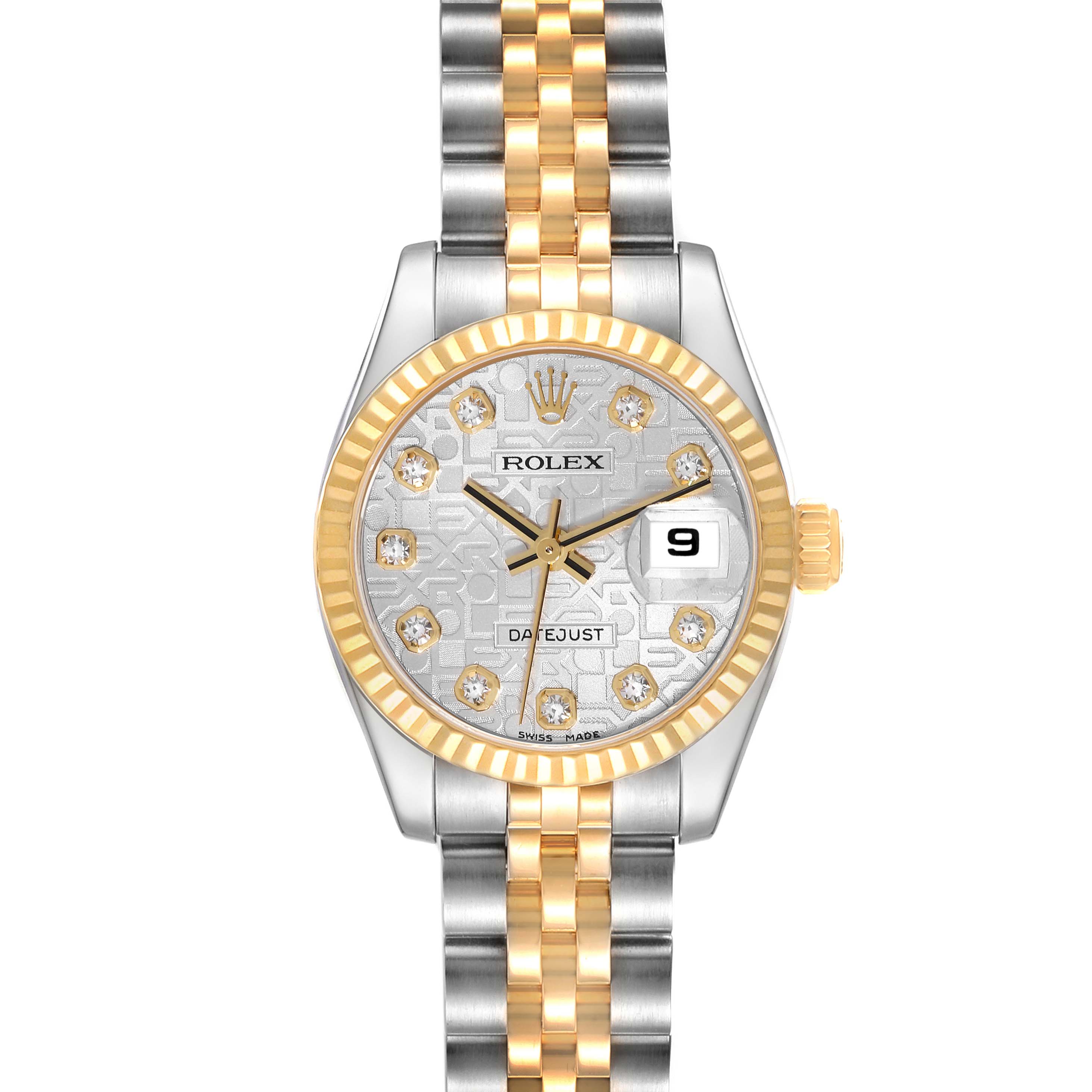 The image shows a front view of the Rolex Datejust 179173 Women's Steel and Gold (two tone) Silver Dial 179173 Women's Steel and Gold (two tone) Silver Dial watch, highlighting its dial, bezel, crown, and bracelet.