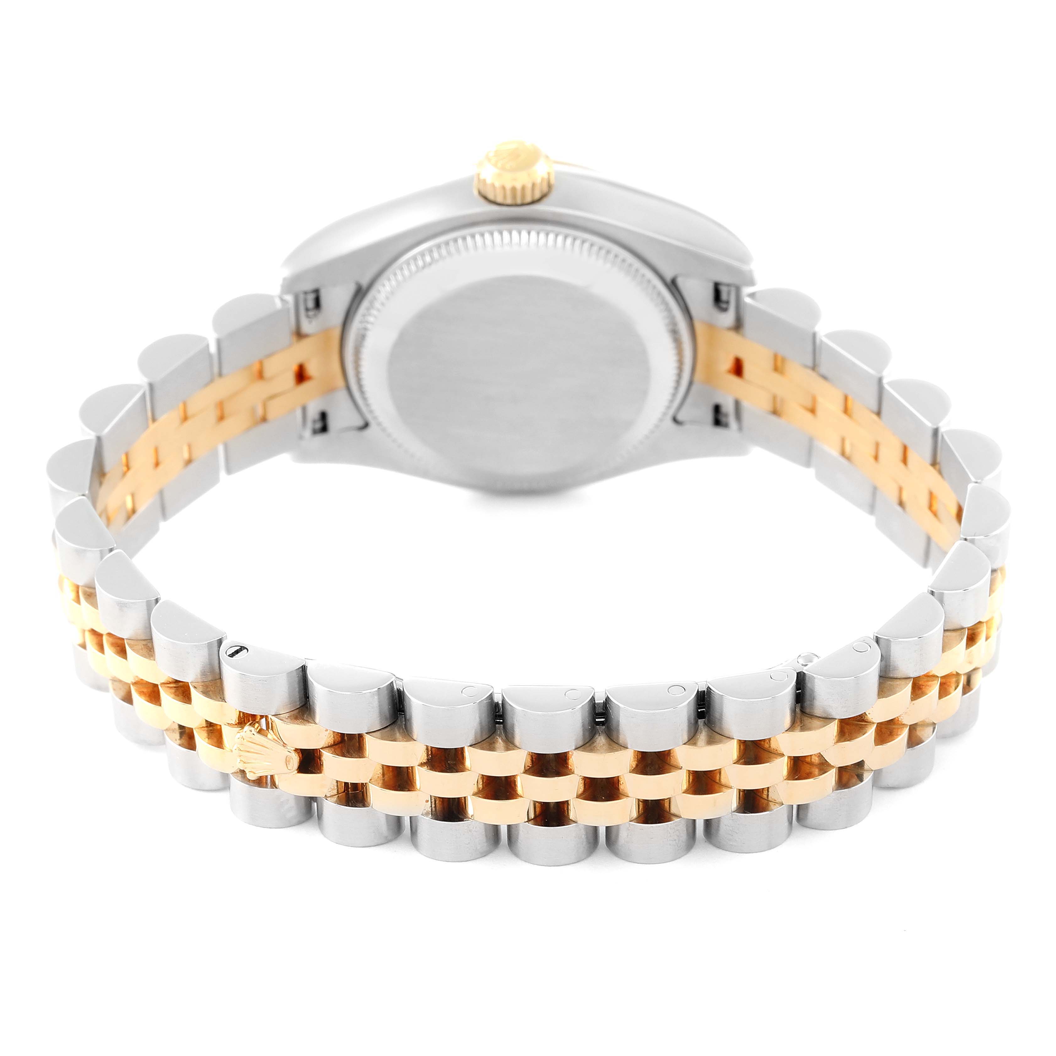 The image shows the back view of a Rolex Datejust 179173 Women's Steel and Gold (two tone) Silver Dial 179173 Women's Steel and Gold (two tone) Silver Dial watch, highlighting its stainless steel and gold Jubilee bracelet and case back.