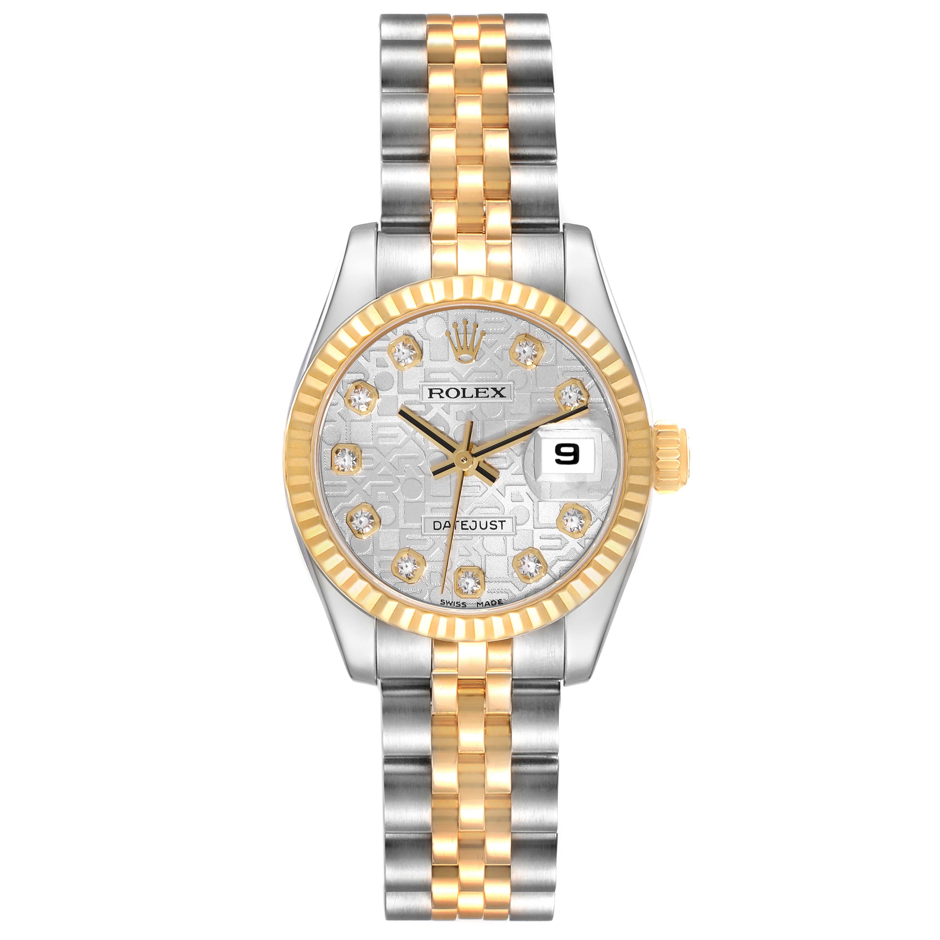 The image shows a front view of a Rolex Datejust 179173 Women's Steel and Gold (two tone) Silver Dial 179173 Women's Steel and Gold (two tone) Silver Dial watch displaying the dial, bezel, hands, bracelet, and date window.