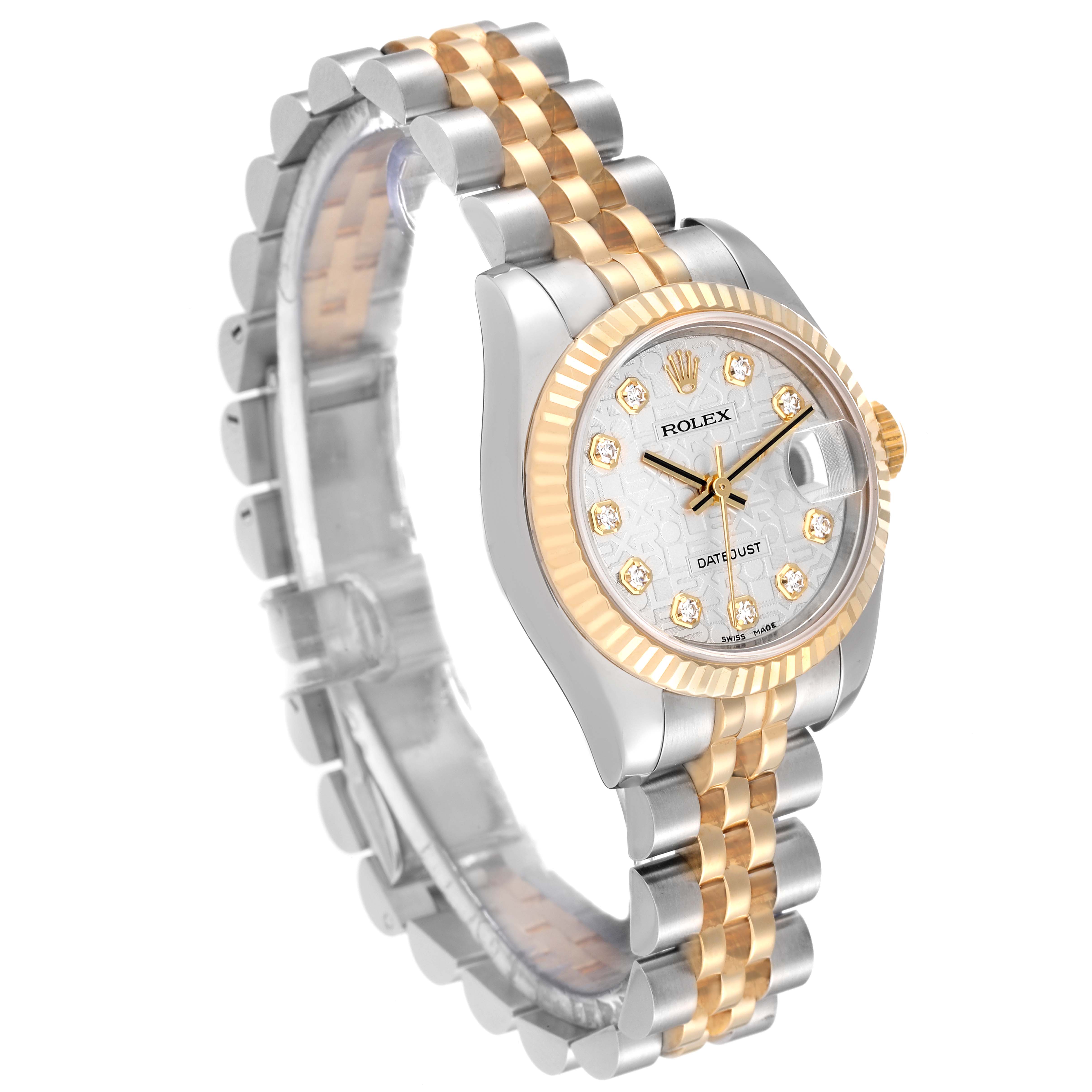 This image shows a Rolex Datejust 179173 Women's Steel and Gold (two tone) Silver Dial 179173 Women's Steel and Gold (two tone) Silver Dial watch at a slight left-side angle, highlighting the face, bezel, and bracelet.