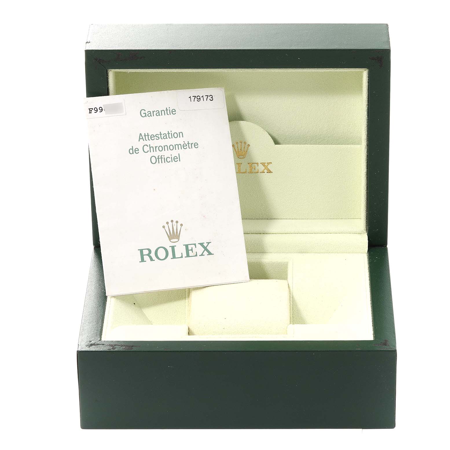 The image shows an open Rolex Datejust 179173 Women's Steel and Gold (two tone) Silver Dial 179173 Women's Steel and Gold (two tone) Silver Dial watch box with the official documentation displayed inside.