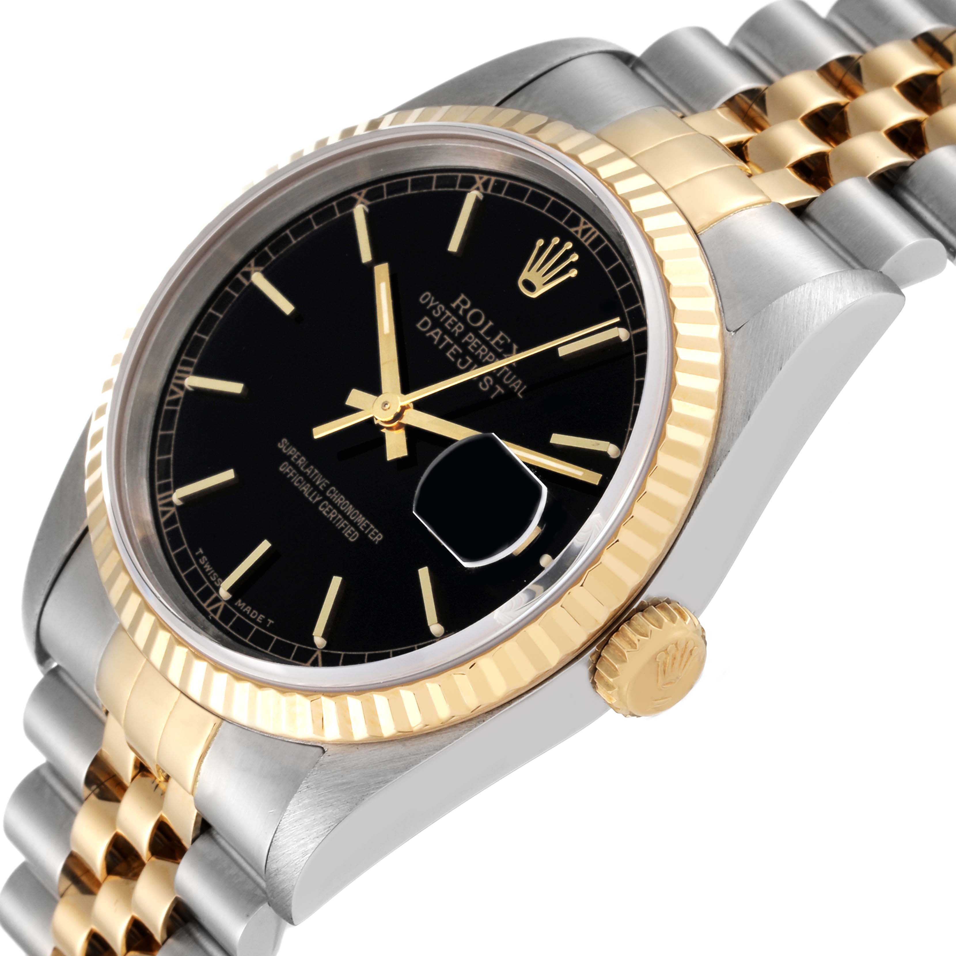 This Rolex Datejust 16233 Men's Steel and Gold (two tone) Black Dial 16233 Men's Steel and Gold (two tone) Black Dial model is shown from a slight side angle, highlighting its black dial, fluted bezel, and Jubilee bracelet.