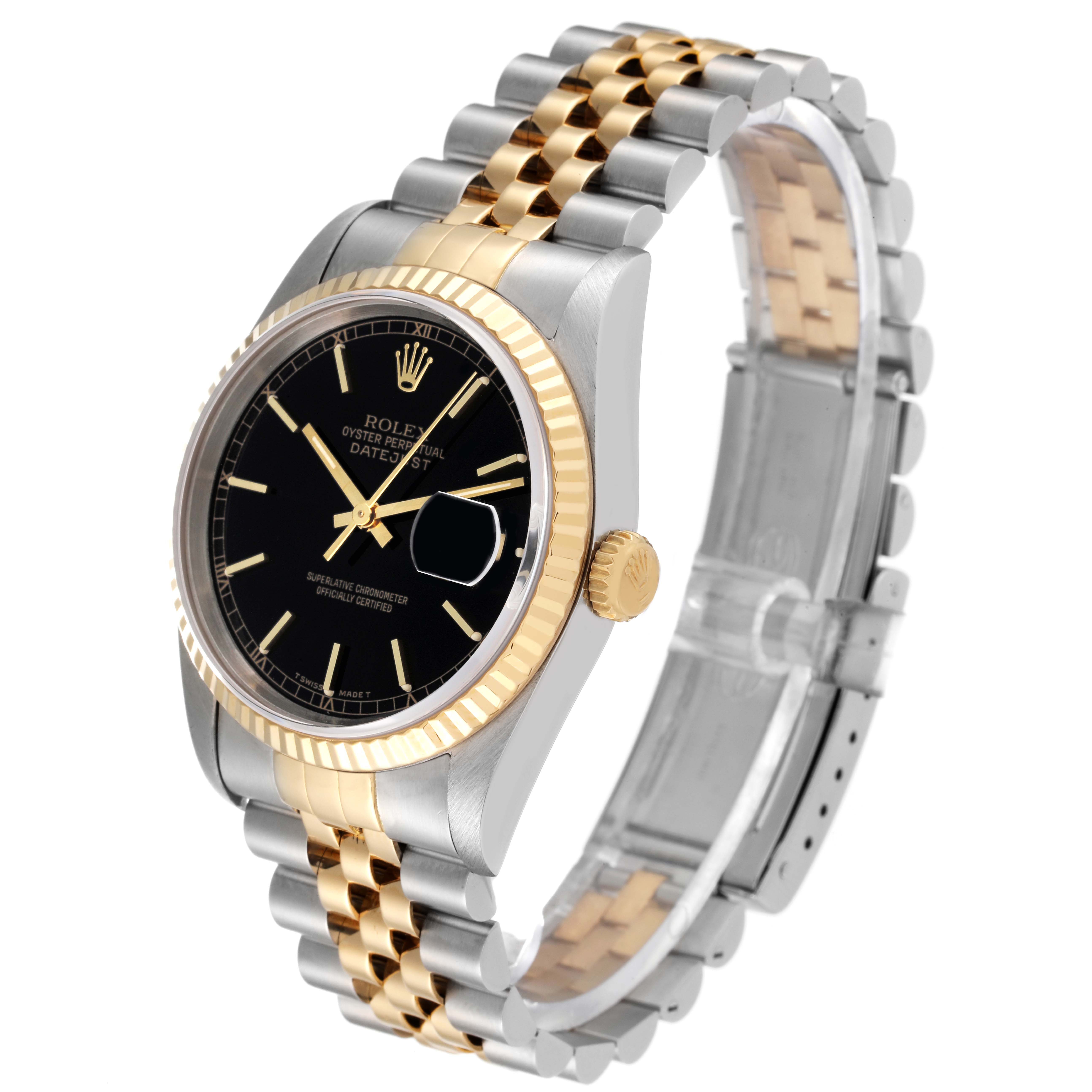 The Rolex Datejust 16233 Men's Steel and Gold (two tone) Black Dial 16233 Men's Steel and Gold (two tone) Black Dial watch is shown at a three-quarter angle, highlighting the black dial, fluted bezel, crown, and two-tone bracelet.