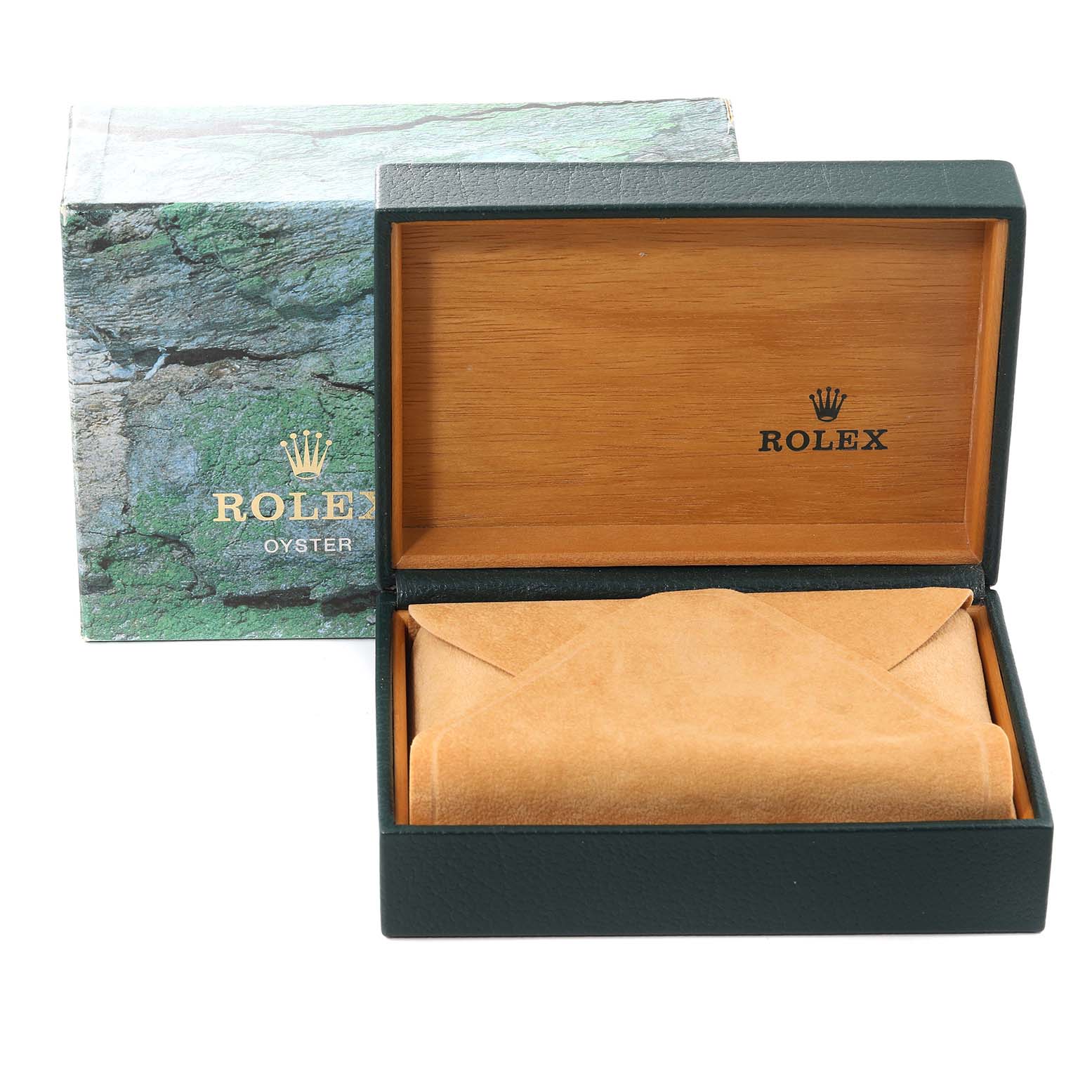 The image shows an open Rolex Datejust 16233 Men's Steel and Gold (two tone) Black Dial 16233 Men's Steel and Gold (two tone) Black Dial watch box with a suede pouch inside.