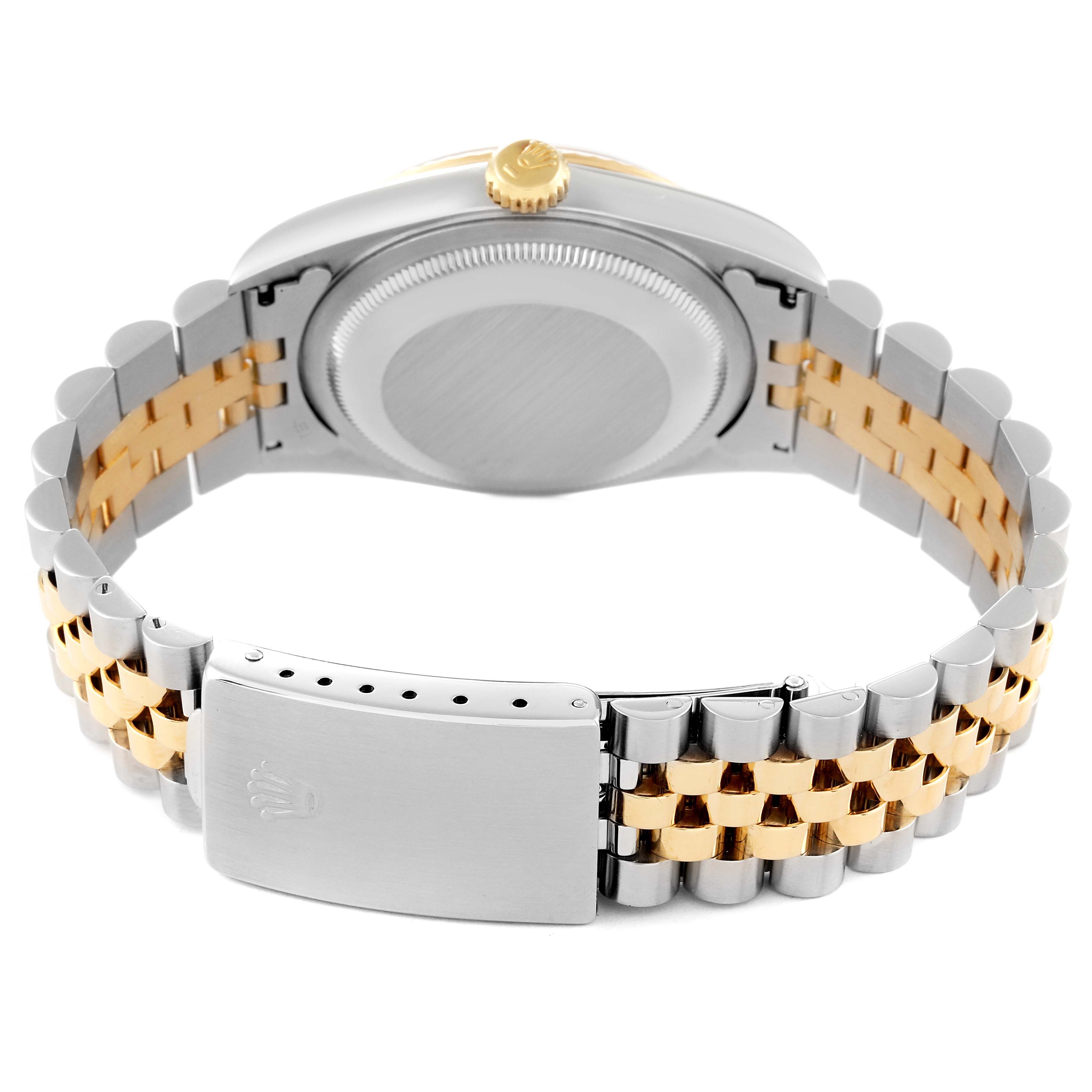 This image shows the back view of a Rolex Datejust 16233 Men's Steel and Gold (two tone) Black Dial 16233 Men's Steel and Gold (two tone) Black Dial watch, highlighting the case back, jubilee bracelet, and clasp.