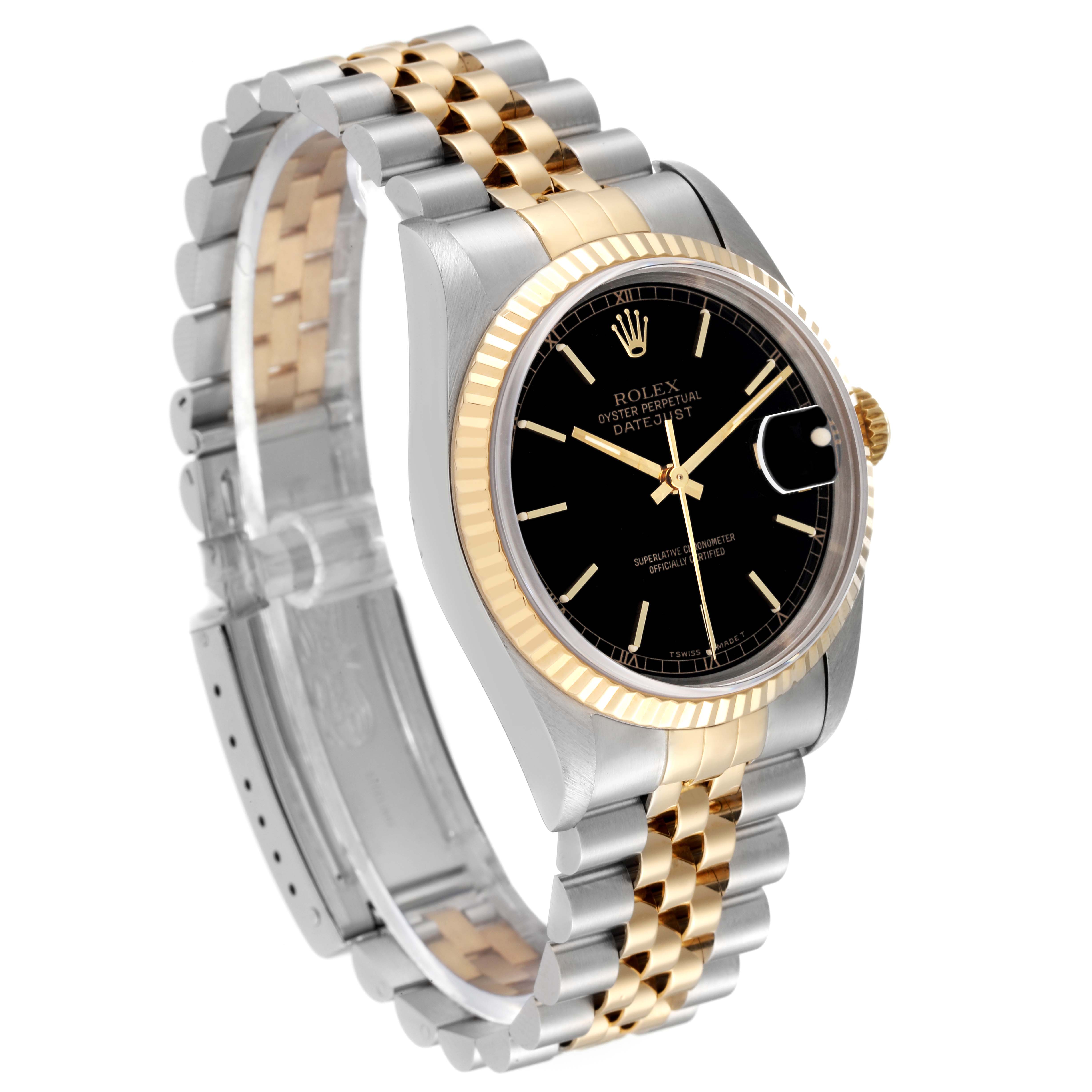 The image shows a Rolex Datejust 16233 Men's Steel and Gold (two tone) Black Dial 16233 Men's Steel and Gold (two tone) Black Dial watch at a three-quarter view, highlighting the bezel, dial, crown, and Jubilee bracelet.
