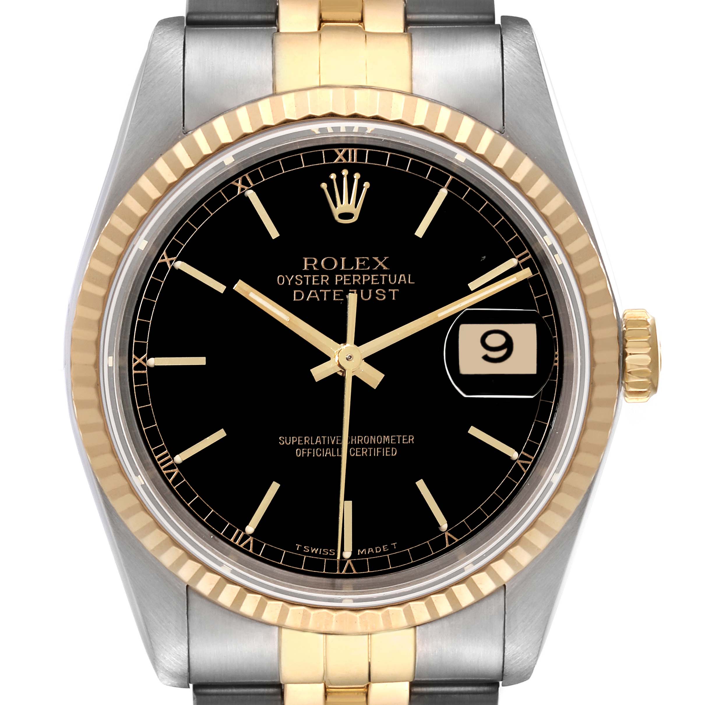 The Rolex Datejust 16233 Men's Steel and Gold (two tone) Black Dial 16233 Men's Steel and Gold (two tone) Black Dial watch is shown from the front, highlighting its black dial, two-tone gold and silver band, and date display.