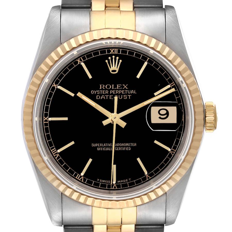 Rolex Datejust Steel Yellow Gold Black Dial Mens Watch 16233 SwissWatchExpo