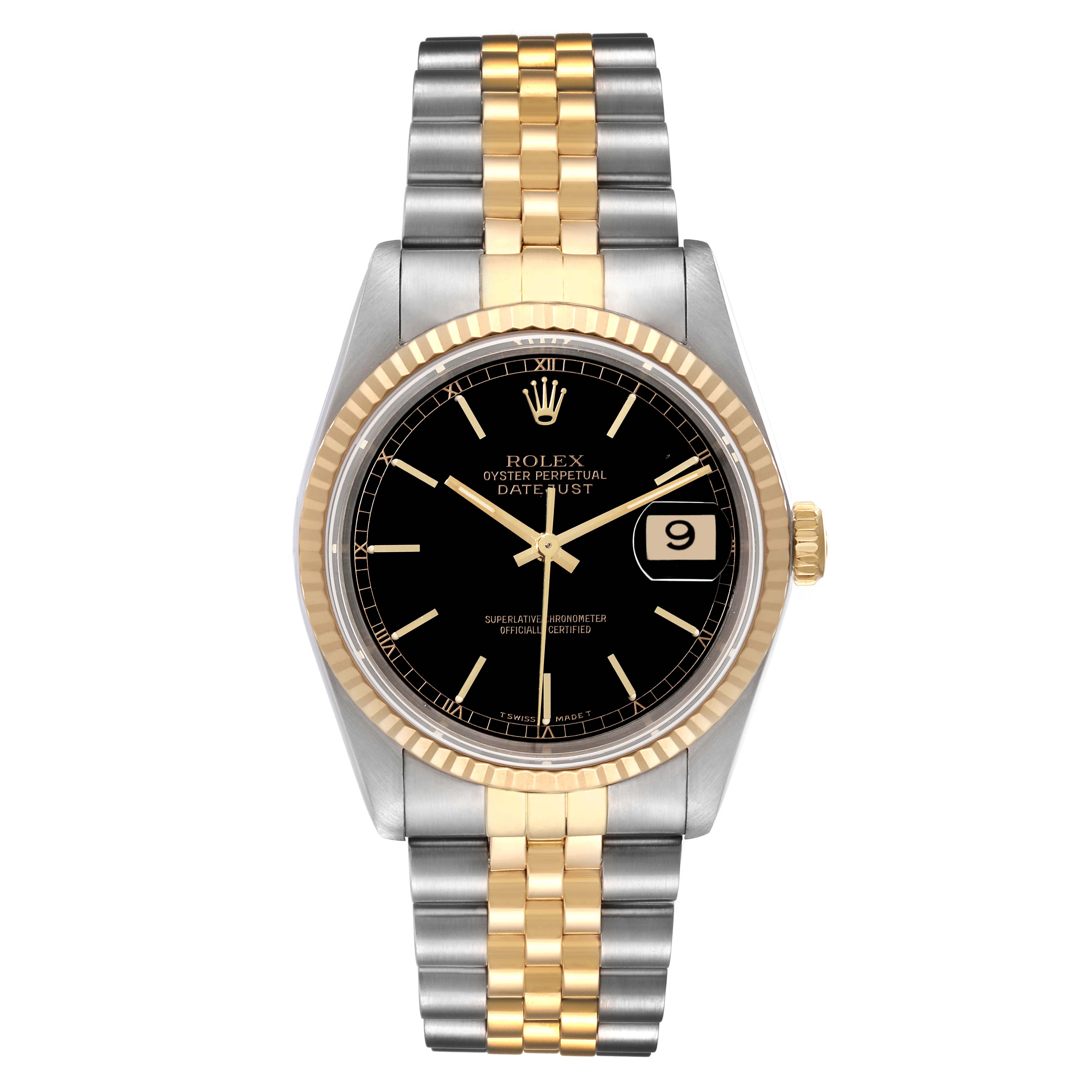 The image shows a Rolex Datejust 16233 Men's Steel and Gold (two tone) Black Dial 16233 Men's Steel and Gold (two tone) Black Dial watch, front view, highlighting the black dial, date window, and two-tone metal bracelet.