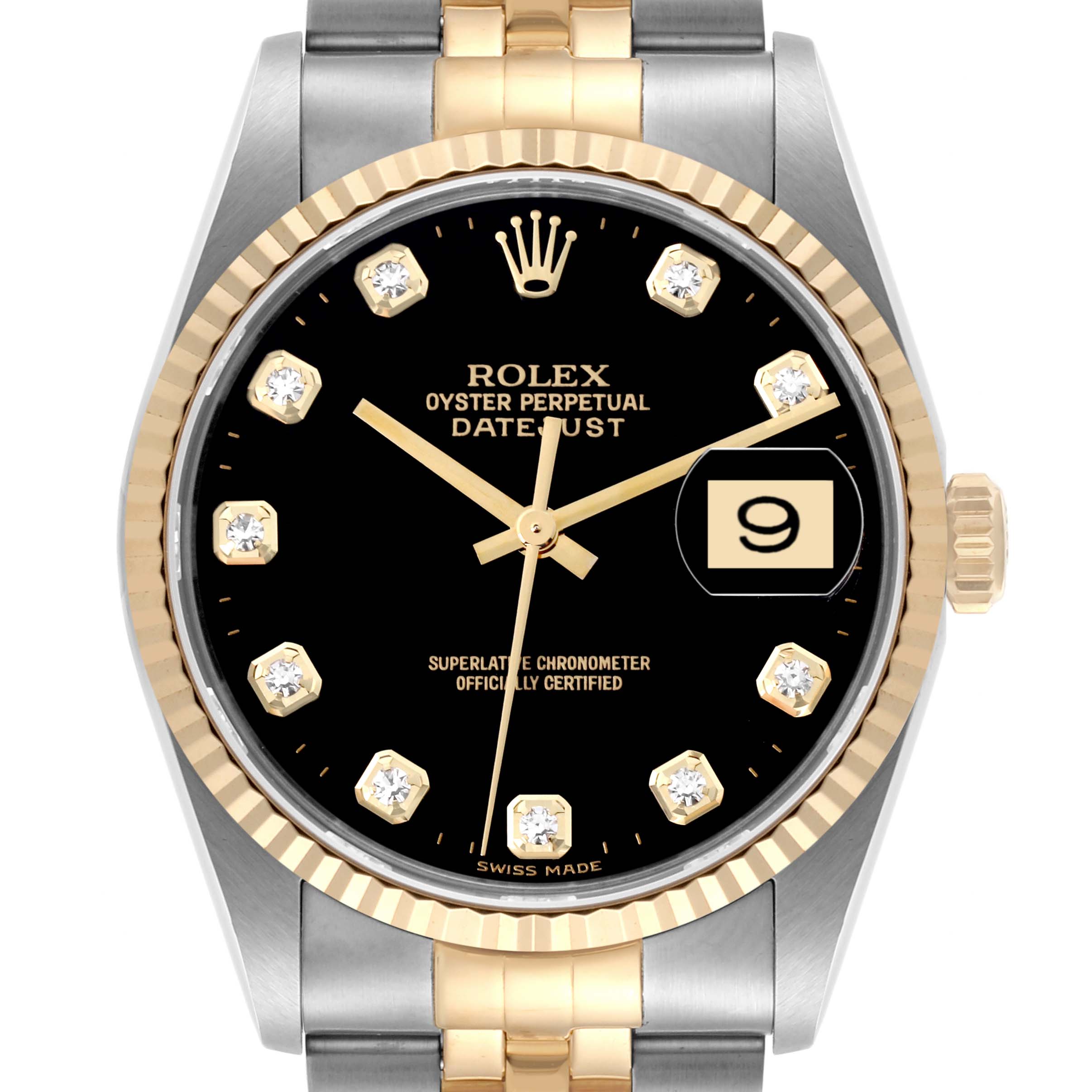 The Rolex Datejust 16233 Men's Steel and Gold (two tone) Black Dial 16233 Men's Steel and Gold (two tone) Black Dial watch is shown from the front, highlighting the dial, bezel, and bracelet.