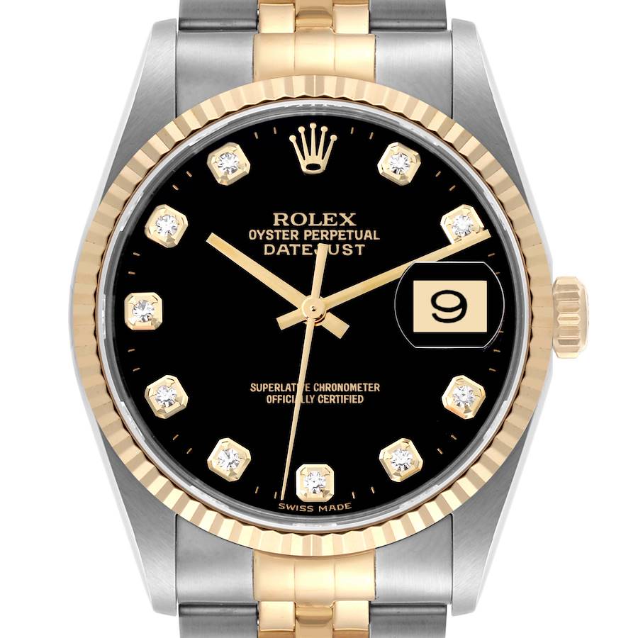 The Rolex Datejust watch is shown from the front, highlighting the dial, bezel, and bracelet.