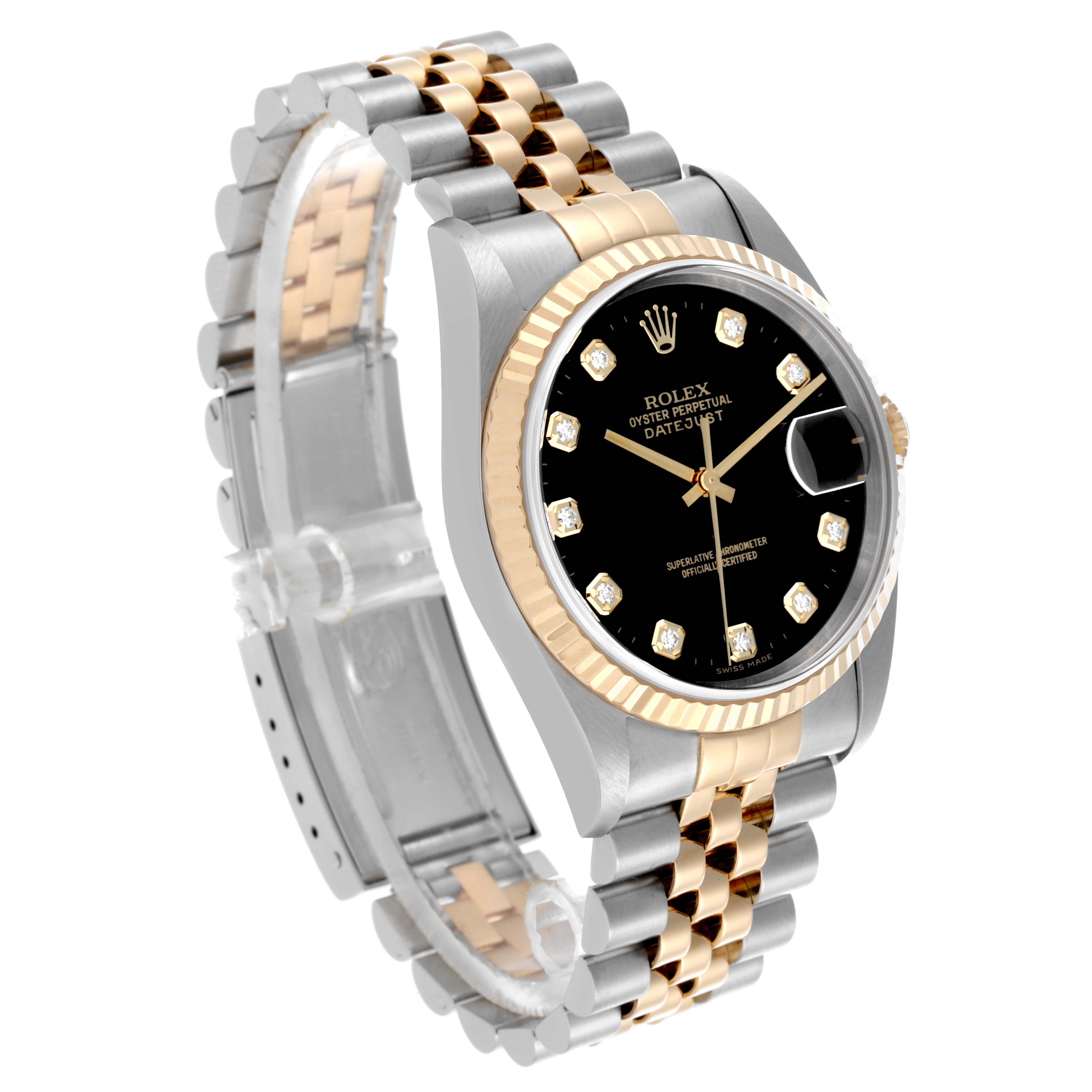 The Rolex Datejust 16233 Men's Steel and Gold (two tone) Black Dial 16233 Men's Steel and Gold (two tone) Black Dial watch is shown at a 3/4 angle, highlighting the two-tone bracelet, fluted bezel, and black dial with diamond markers.