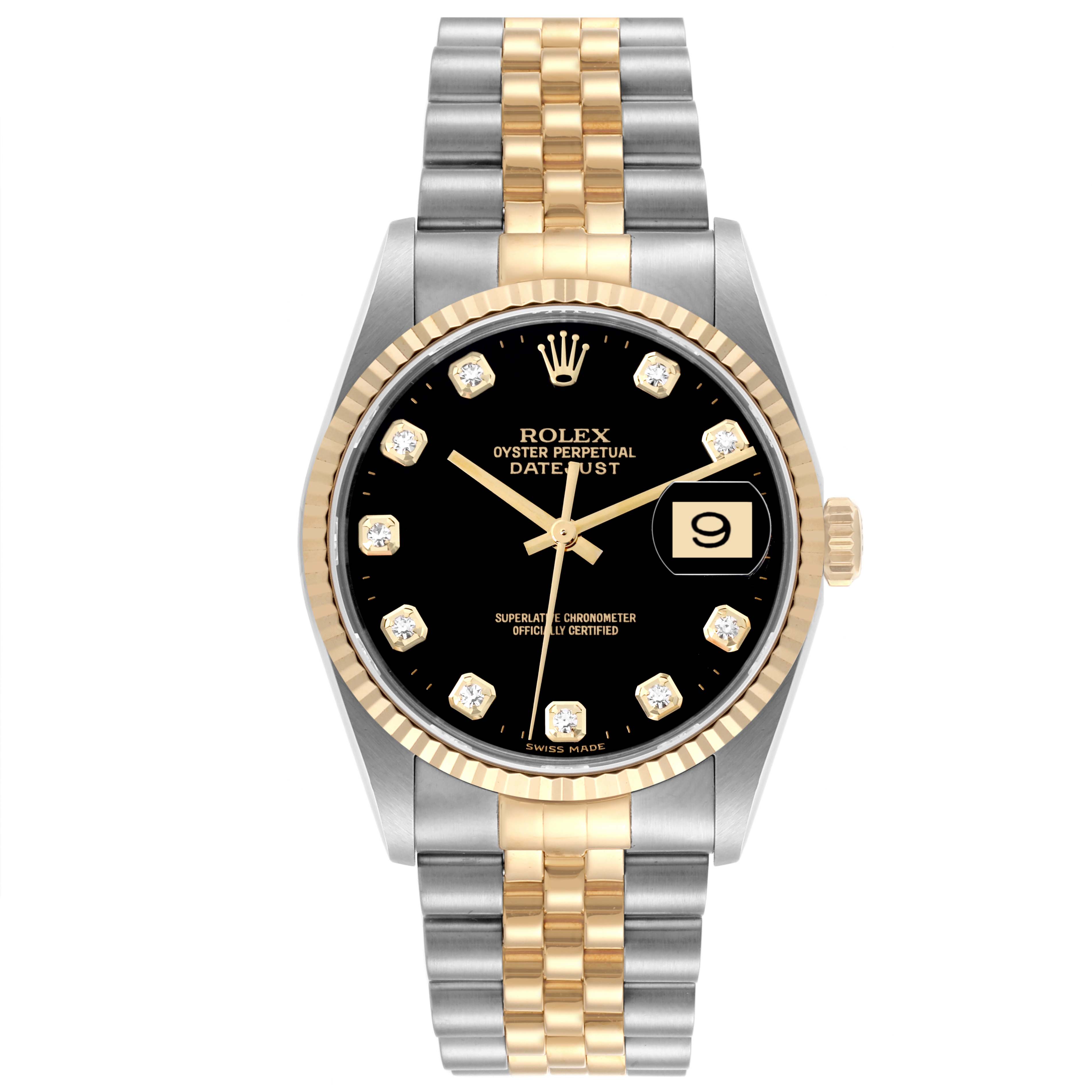 The Rolex Datejust 16233 Men's Steel and Gold (two tone) Black Dial 16233 Men's Steel and Gold (two tone) Black Dial watch is shown from a frontal angle, displaying the dial, bezel, and bracelet.