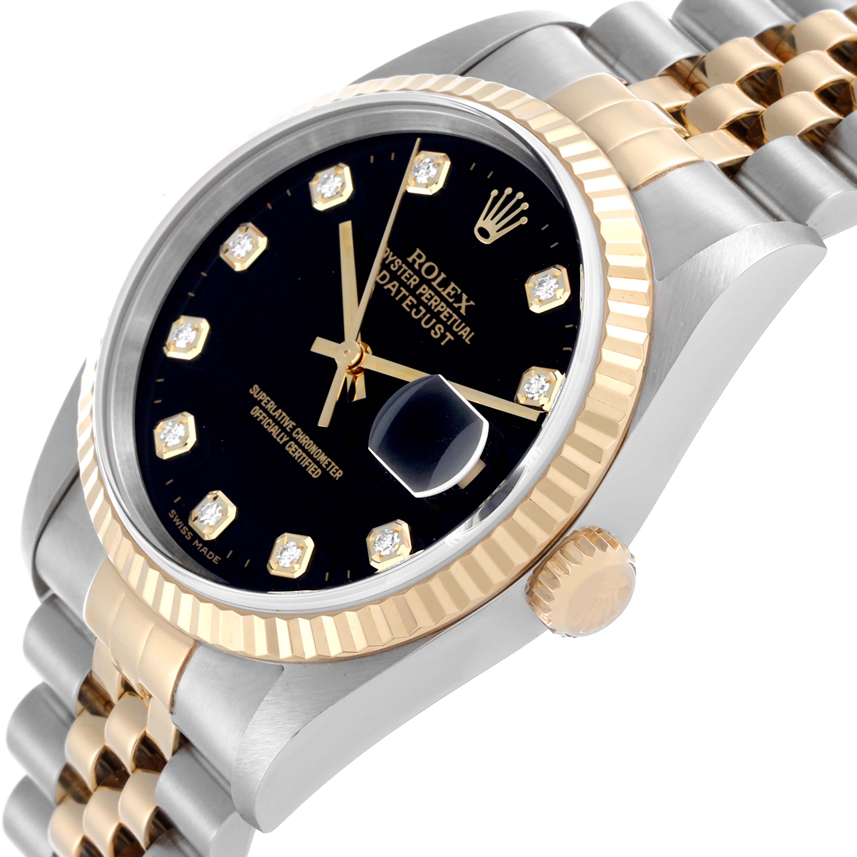 The Rolex Datejust 16233 Men's Steel and Gold (two tone) Black Dial 16233 Men's Steel and Gold (two tone) Black Dial watch is shown at an angle highlighting the dial, bezel, crown, and part of the bracelet.