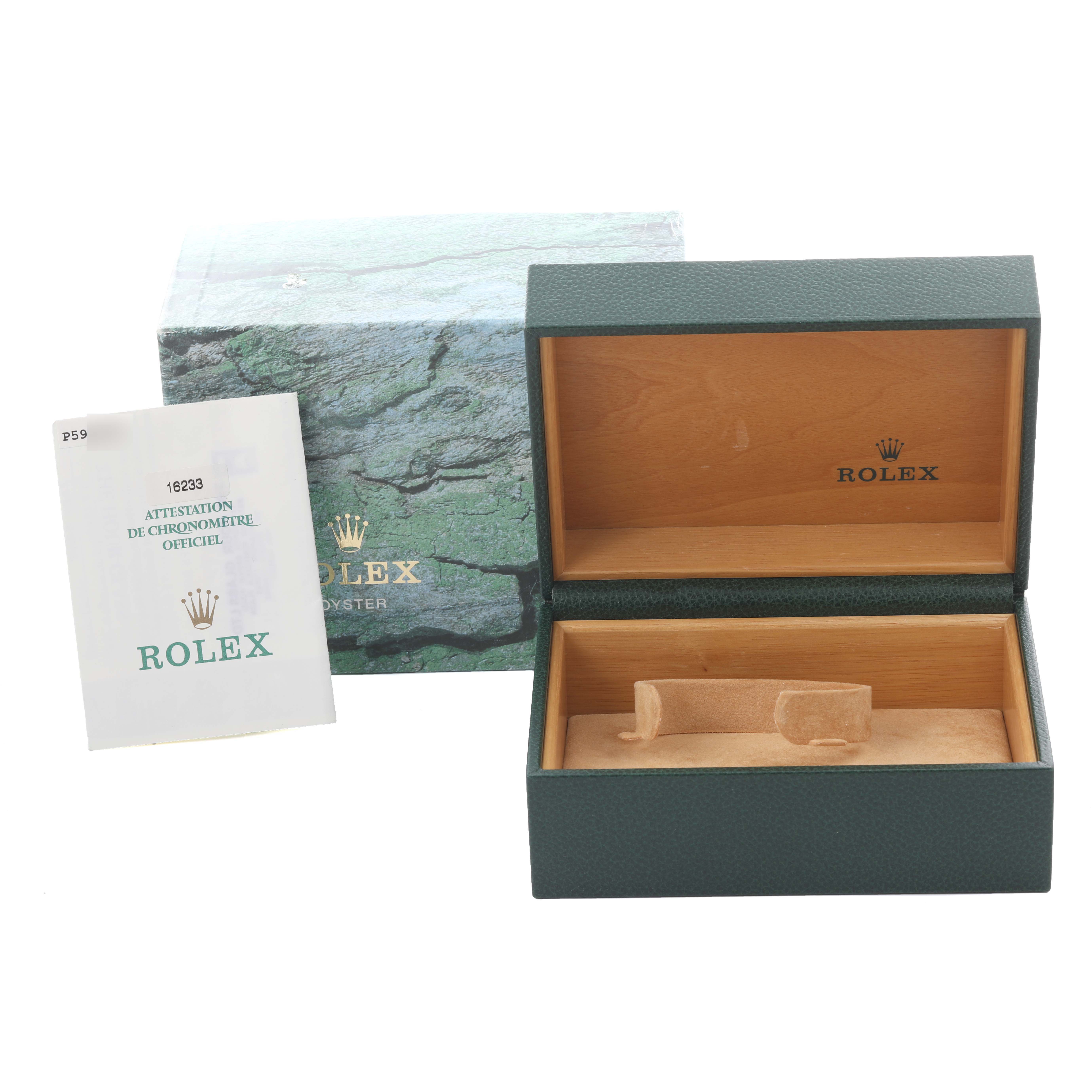 The image shows a Rolex Datejust 16233 Men's Steel and Gold (two tone) Black Dial 16233 Men's Steel and Gold (two tone) Black Dial box set including the outer box, inner display box, and official chronometer certificate.