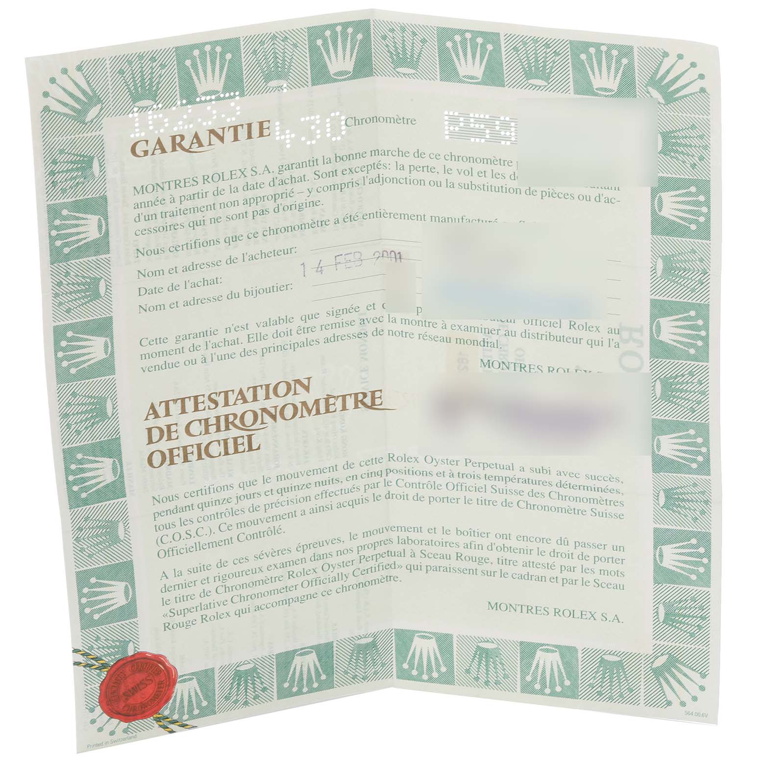 This is the warranty and chronometer certificate for a Rolex Datejust 16233 Men's Steel and Gold (two tone) Black Dial 16233 Men's Steel and Gold (two tone) Black Dial watch, shown at an angled view.