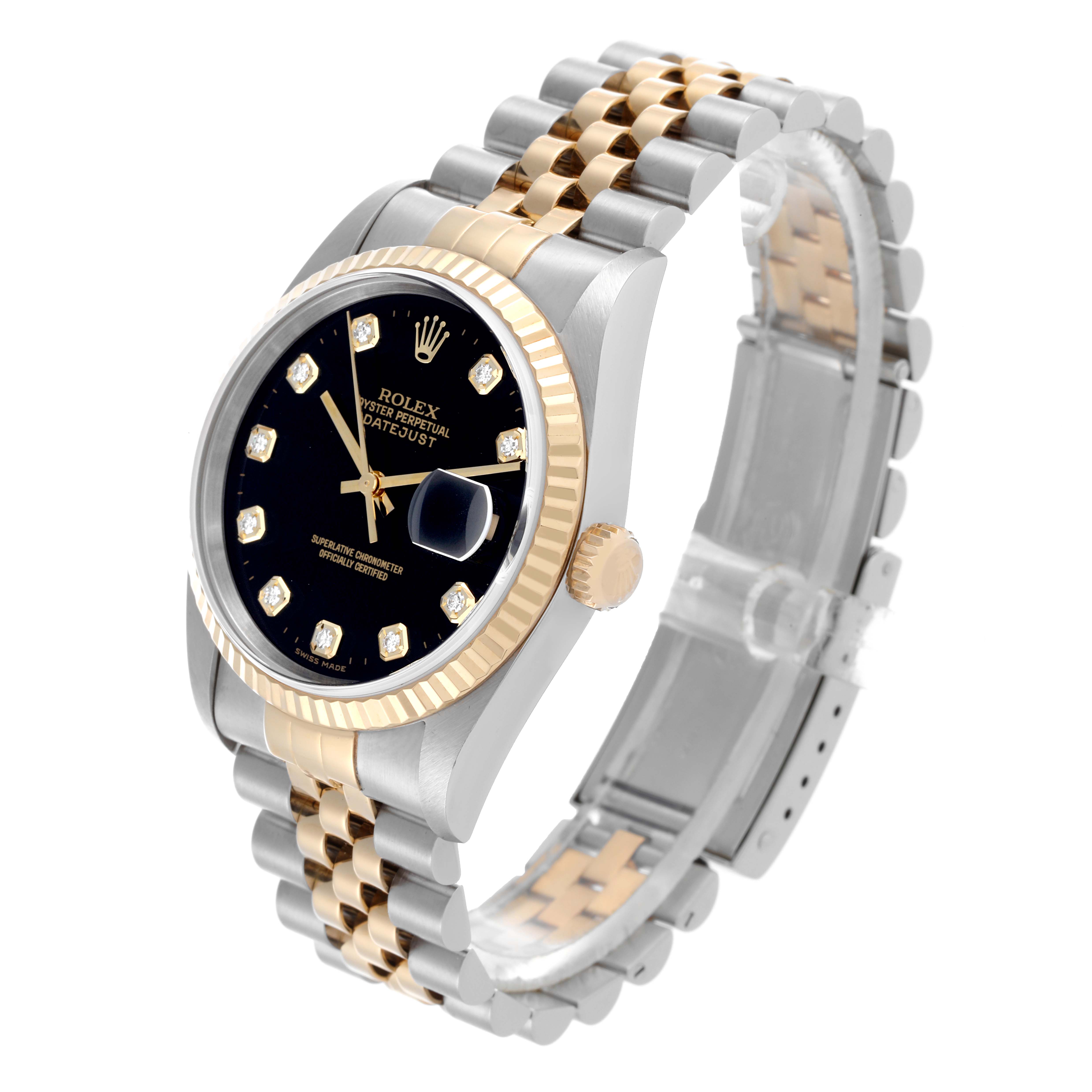 The Rolex Datejust 16233 Men's Steel and Gold (two tone) Black Dial 16233 Men's Steel and Gold (two tone) Black Dial watch is shown at a slight side angle, displaying the black dial, fluted bezel, and two-tone Jubilee bracelet.