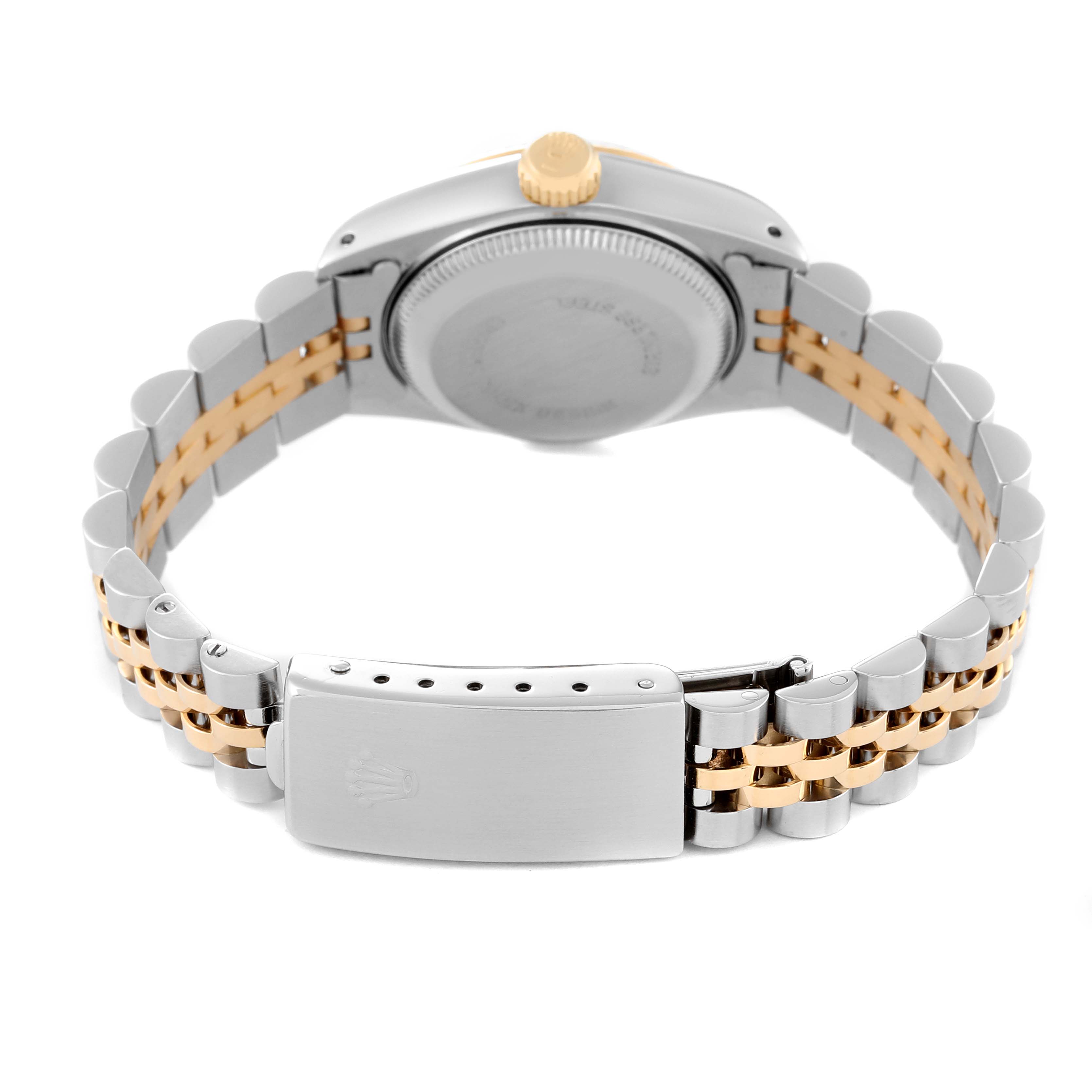 This image shows the back and clasp of a Rolex Datejust 69173 Women's Steel and Gold (two tone) Champagne Dial 69173 Women's Steel and Gold (two tone) Champagne Dial watch, highlighting its two-tone metal bracelet and the watch's case back.