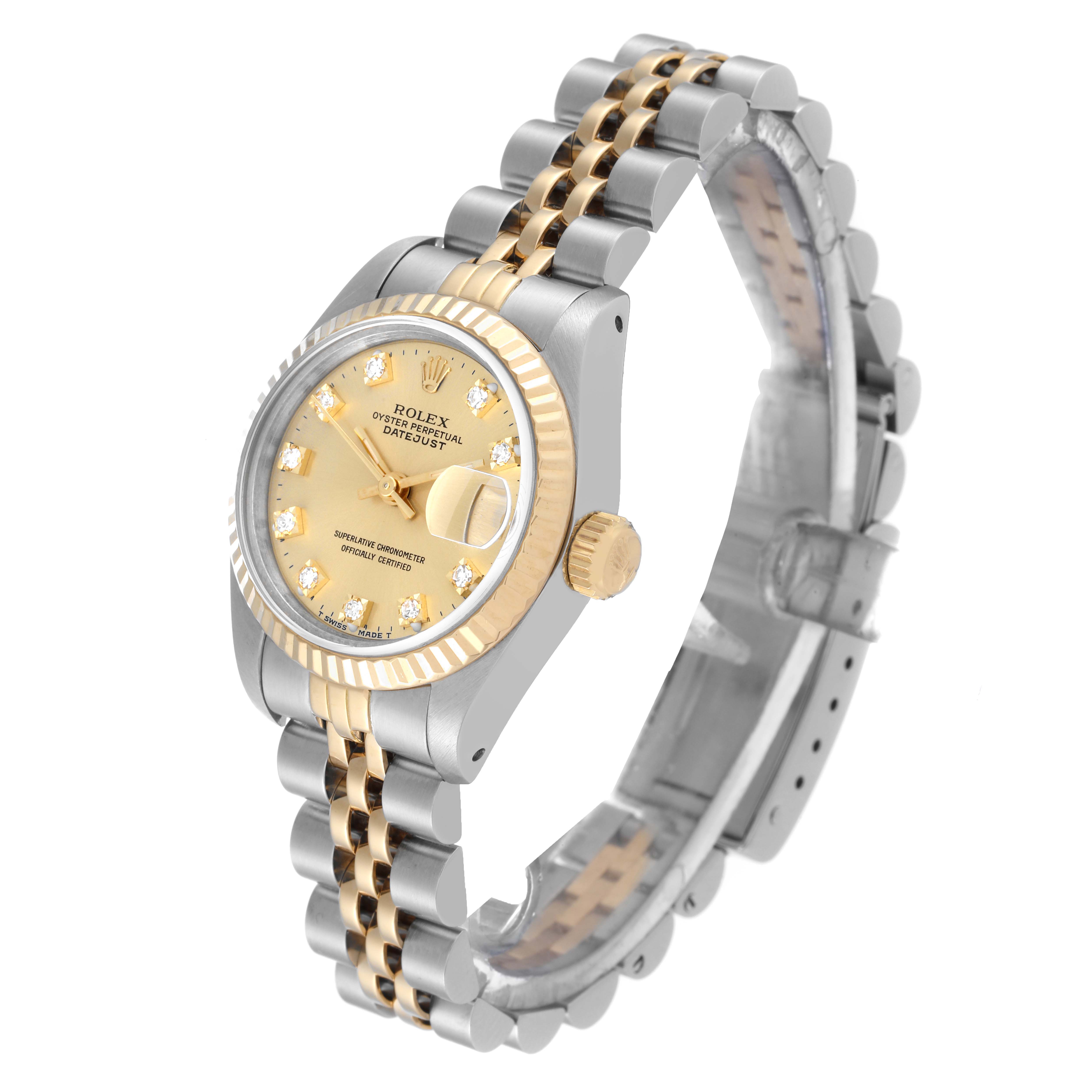 The Rolex Datejust 69173 Women's Steel and Gold (two tone) Champagne Dial 69173 Women's Steel and Gold (two tone) Champagne Dial watch is shown at a three-quarter angle, displaying the dial, bezel, crown, and two-tone bracelet.
