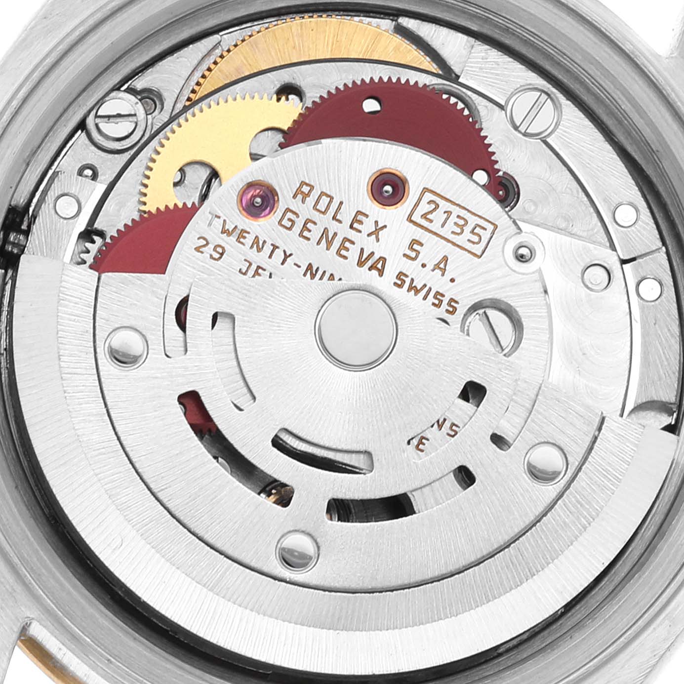 This image shows the inner mechanical movement of a Rolex Datejust 69173 Women's Steel and Gold (two tone) Champagne Dial 69173 Women's Steel and Gold (two tone) Champagne Dial watch from a top-down angle.