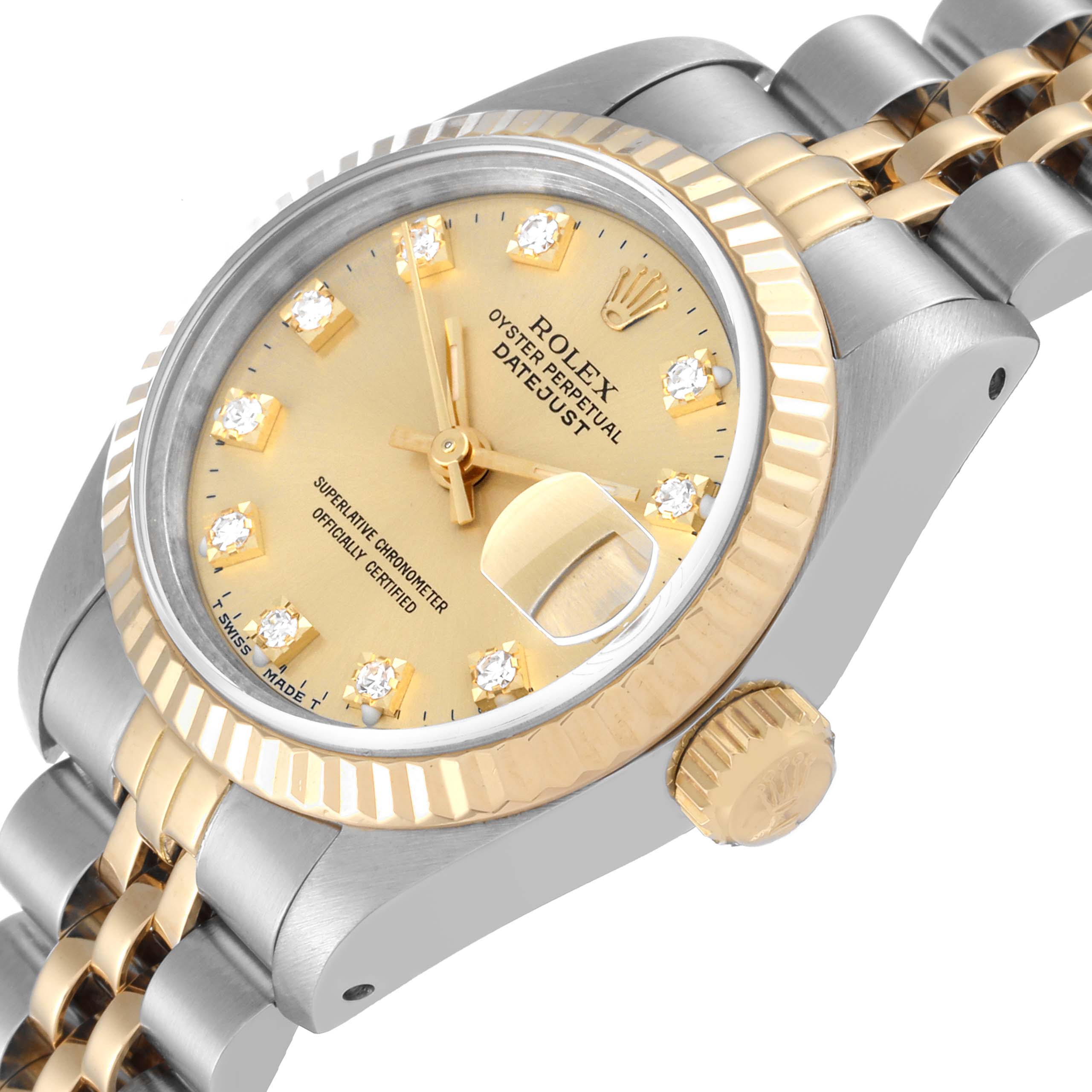 The Rolex Datejust 69173 Women's Steel and Gold (two tone) Champagne Dial 69173 Women's Steel and Gold (two tone) Champagne Dial watch is shown at an angle highlighting the gold dial, fluted bezel, crown, and part of the bracelet.