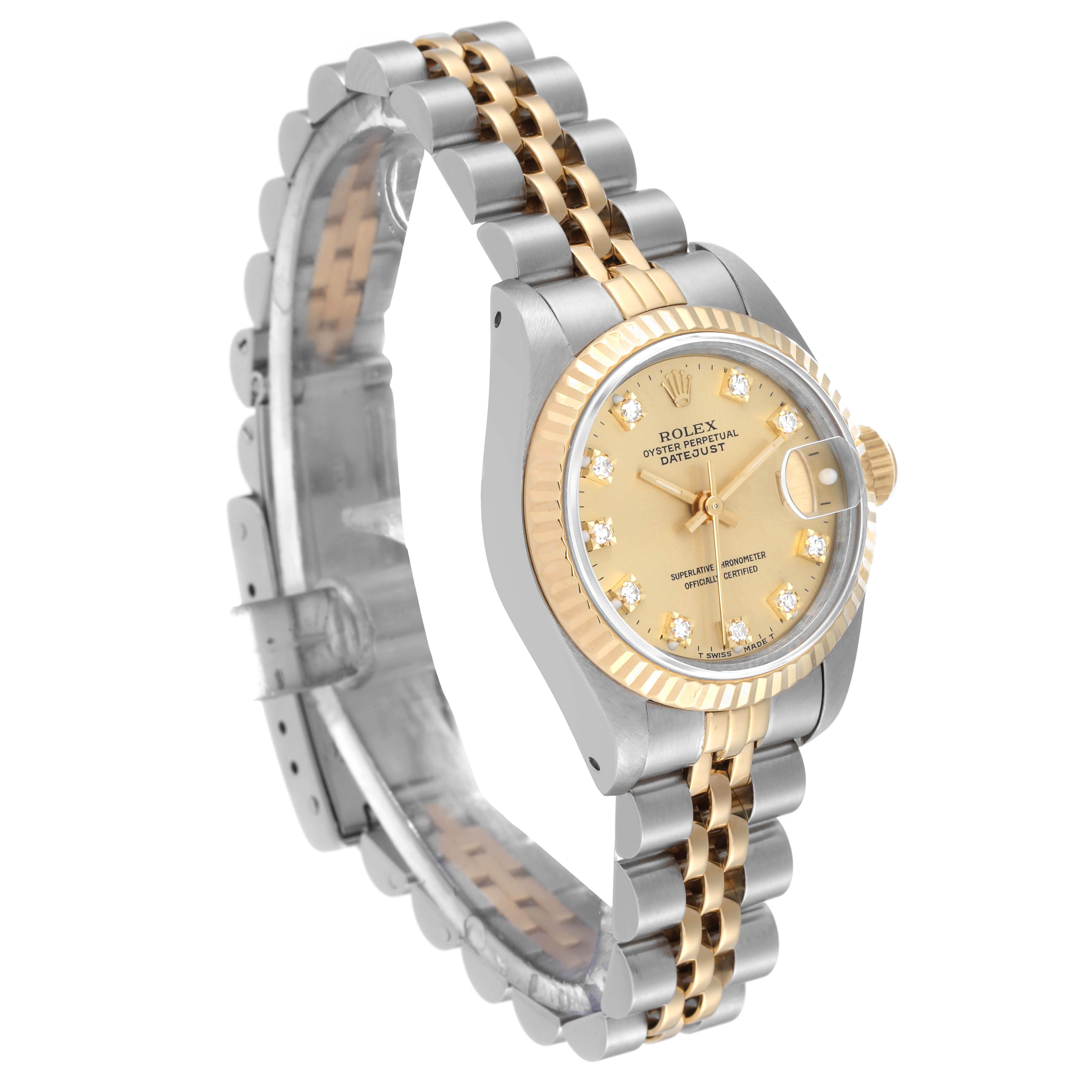 The image shows a Rolex Datejust 69173 Women's Steel and Gold (two tone) Champagne Dial 69173 Women's Steel and Gold (two tone) Champagne Dial watch from an angled side view, displaying the face, bezel, and two-tone bracelet.