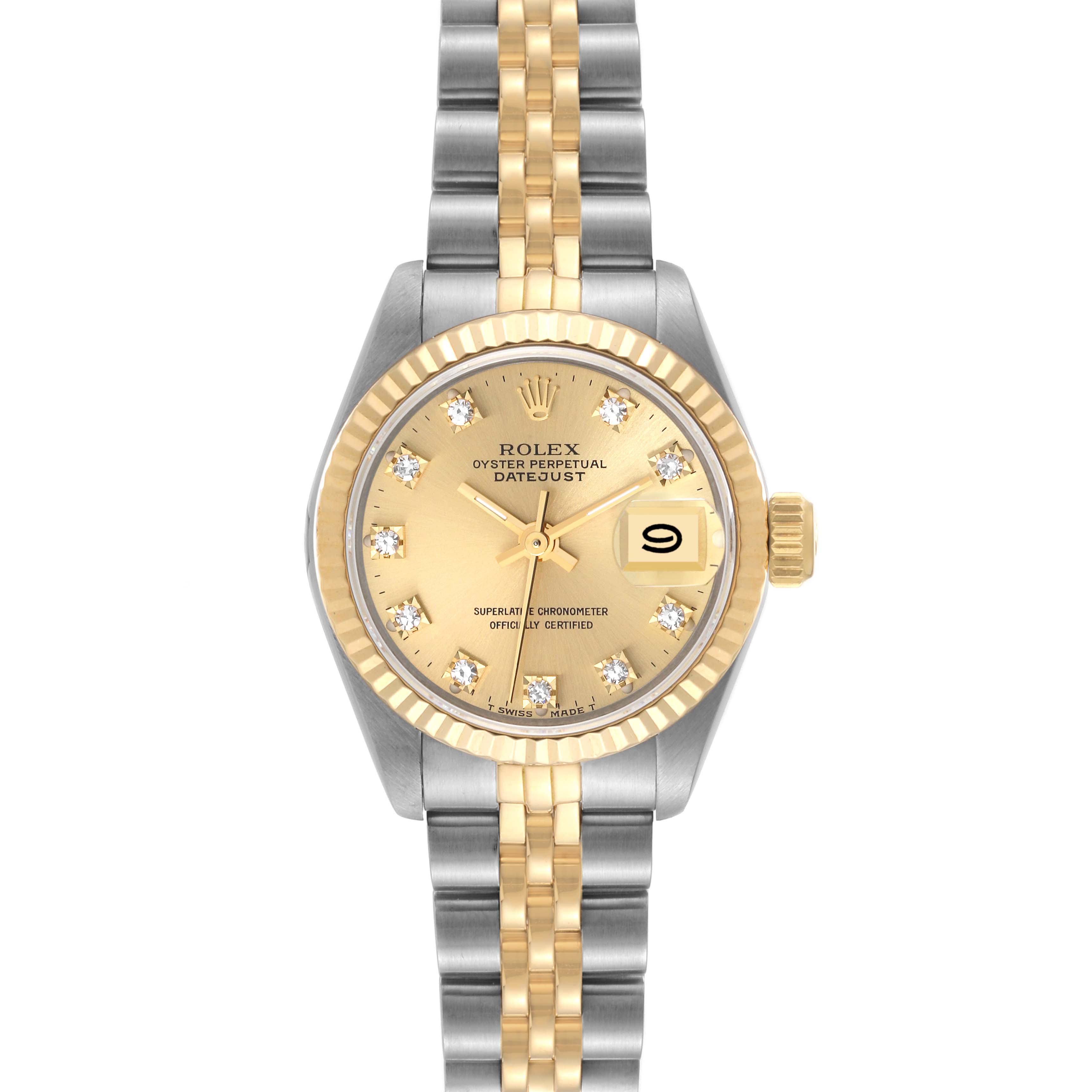 This Rolex Datejust 69173 Women's Steel and Gold (two tone) Champagne Dial 69173 Women's Steel and Gold (two tone) Champagne Dial model is shown from a direct front angle, displaying the dial, bezel, and bracelet.
