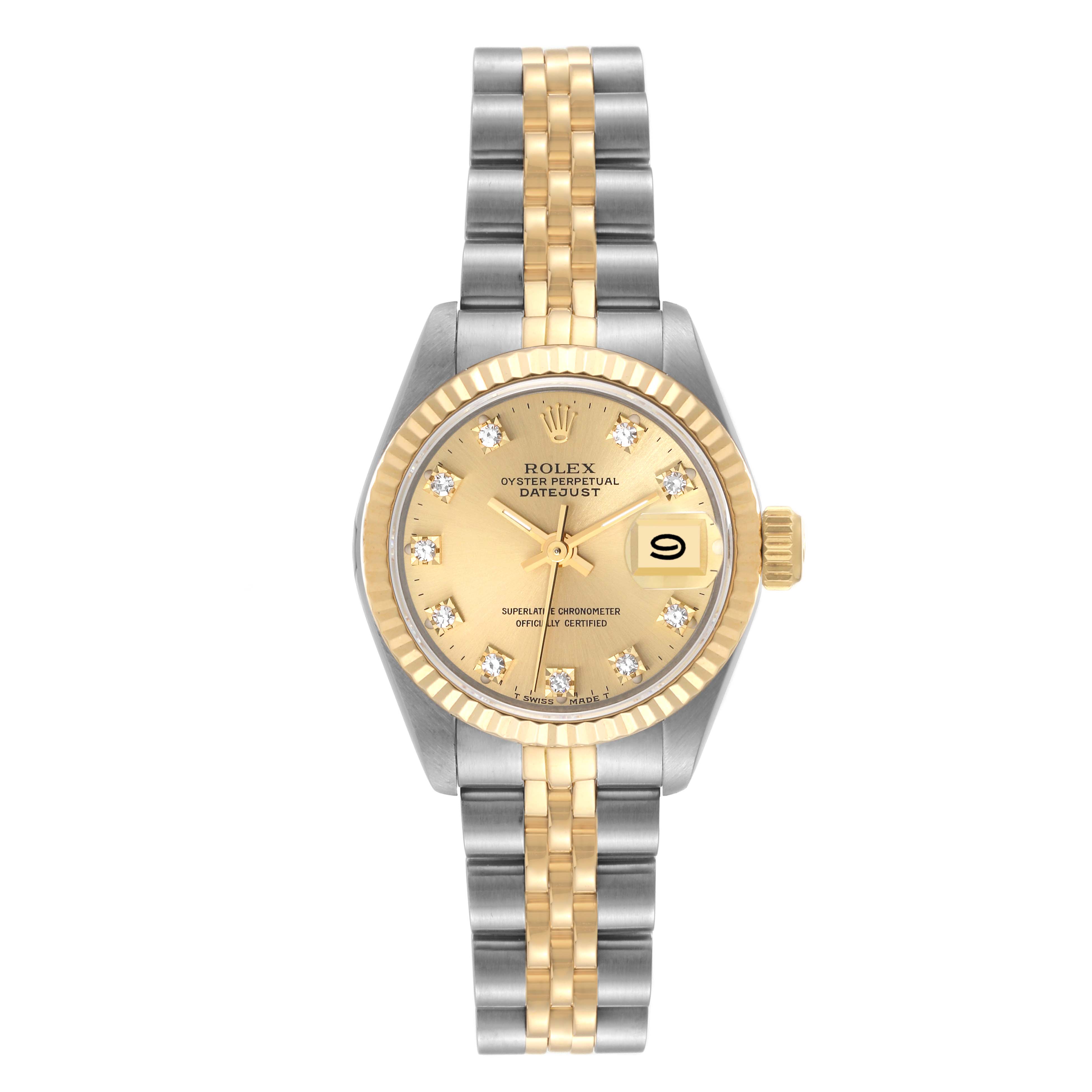 This image shows a front view of a Rolex Datejust 69173 Women's Steel and Gold (two tone) Champagne Dial 69173 Women's Steel and Gold (two tone) Champagne Dial watch, highlighting its gold dial, date display, and two-tone bracelet.