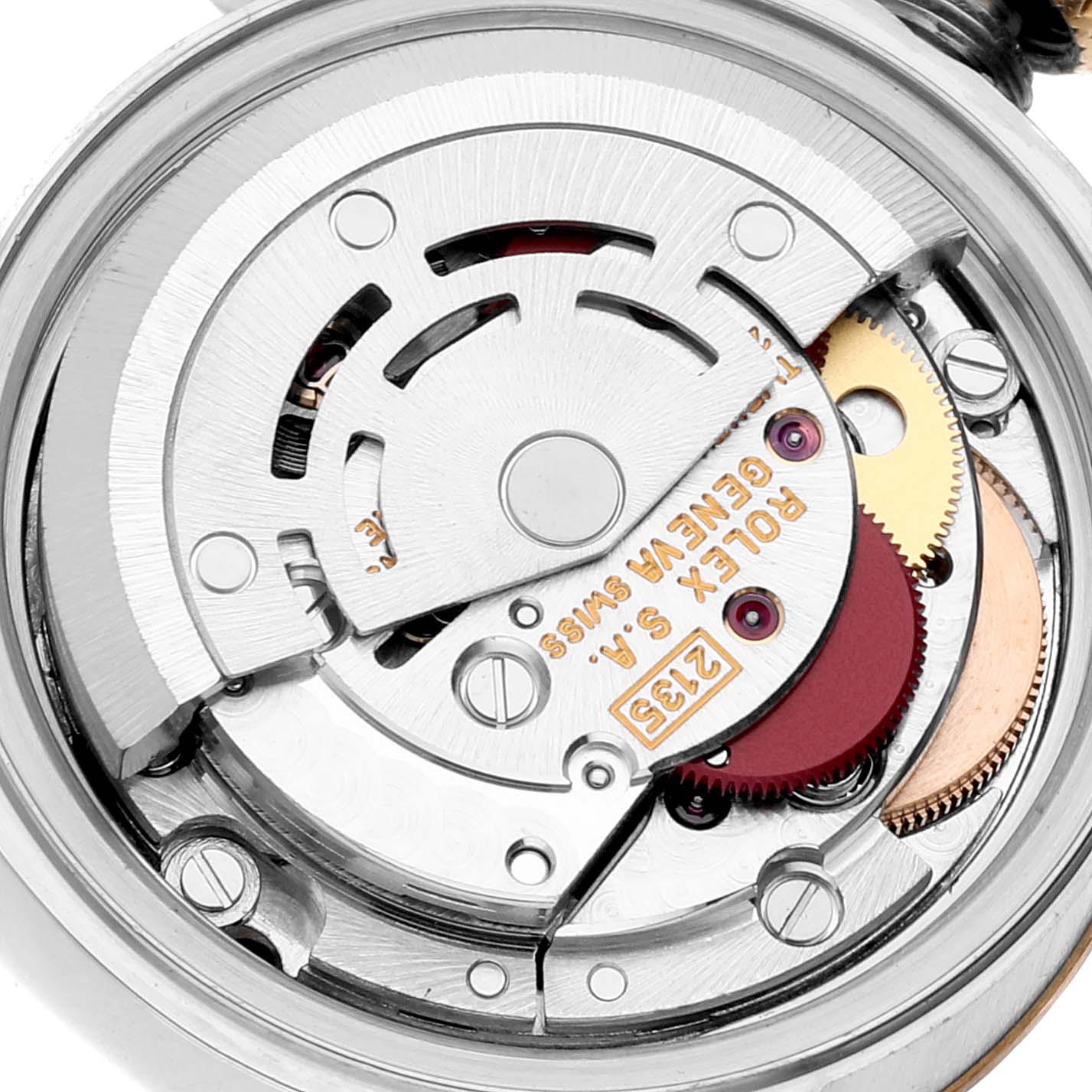 This image shows the intricate mechanical movement (Caliber 3135) of a Rolex Datejust 69173 Women's Steel and Gold (two tone) Champagne Dial 69173 Women's Steel and Gold (two tone) Champagne Dial watch viewed from the back.