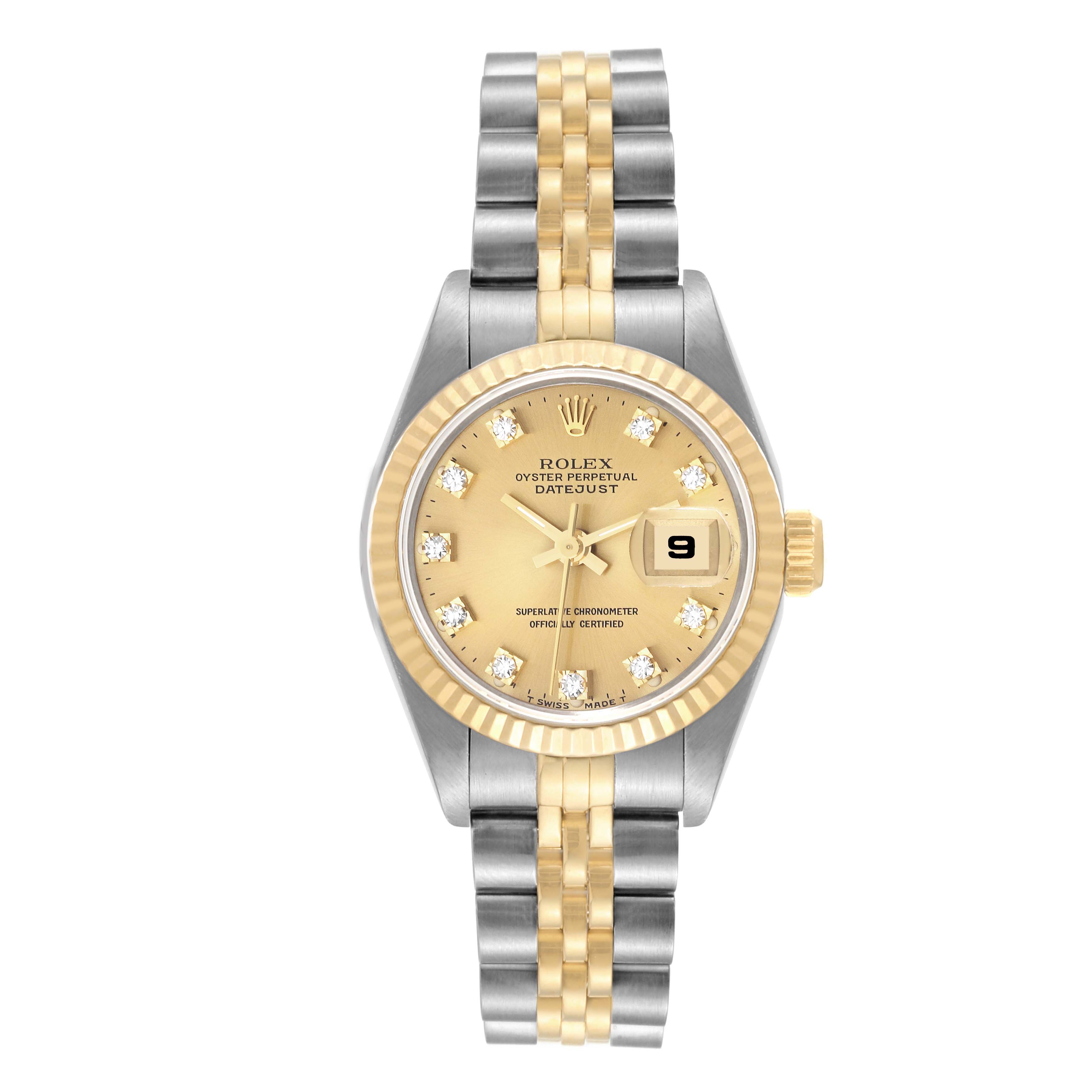 The image shows a front view of a Rolex Datejust 69173 Women's Steel and Gold (two tone) Champagne Dial 69173 Women's Steel and Gold (two tone) Champagne Dial watch, displaying the face, bracelet, and crown.
