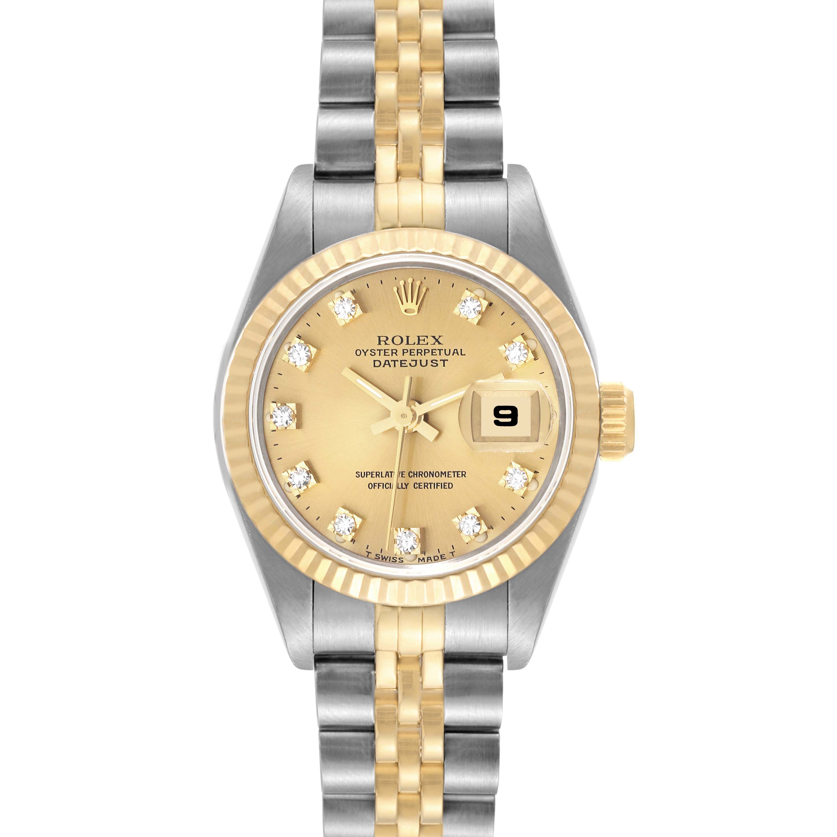 This image shows a frontal view of the Rolex Datejust 69173 Women's Steel and Gold (two tone) Champagne Dial 69173 Women's Steel and Gold (two tone) Champagne Dial watch, highlighting its face, bezel, and bracelet.