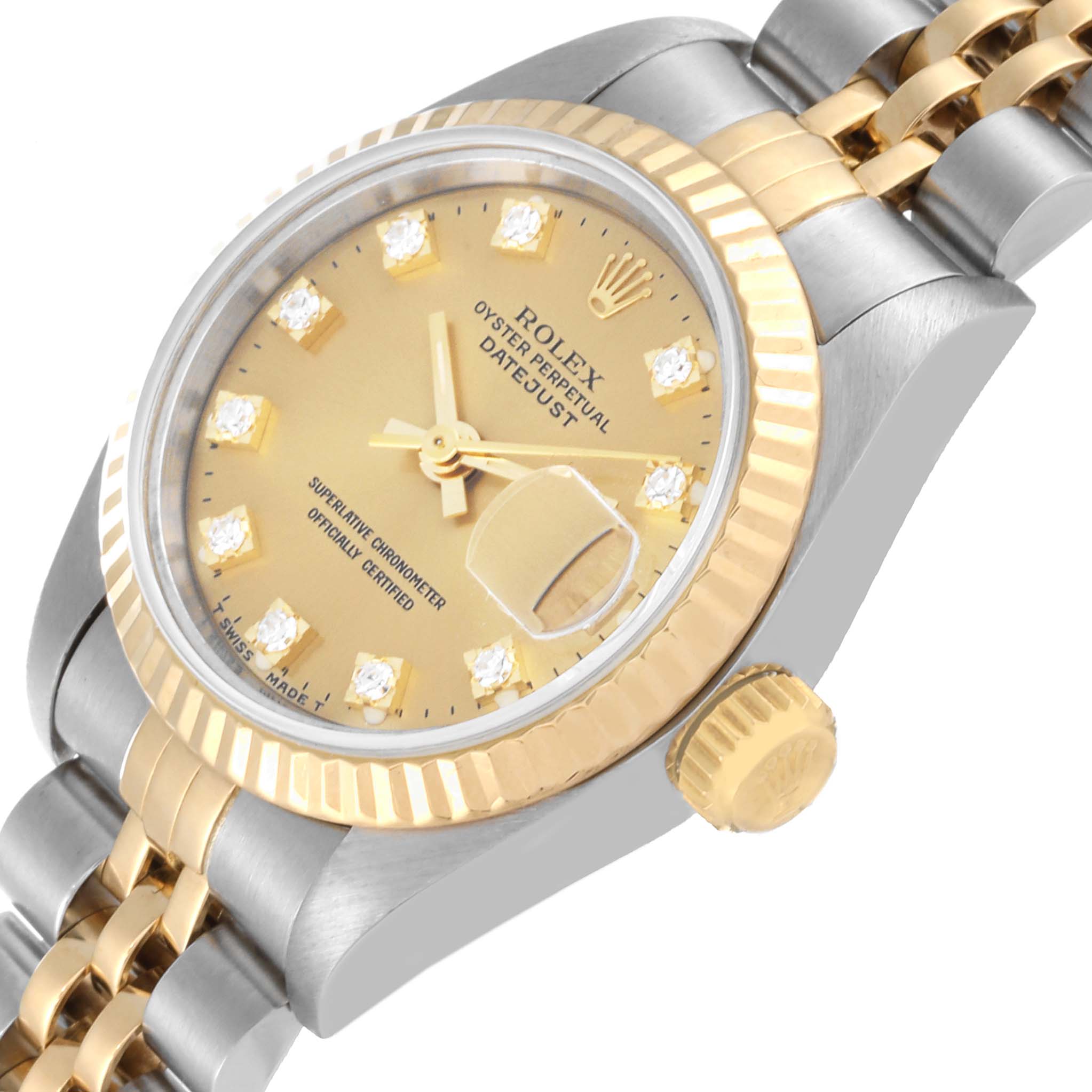 The image shows a close-up angled view of a Rolex Datejust 69173 Women's Steel and Gold (two tone) Champagne Dial 69173 Women's Steel and Gold (two tone) Champagne Dial, highlighting the dial, fluted bezel, and part of the bracelet.