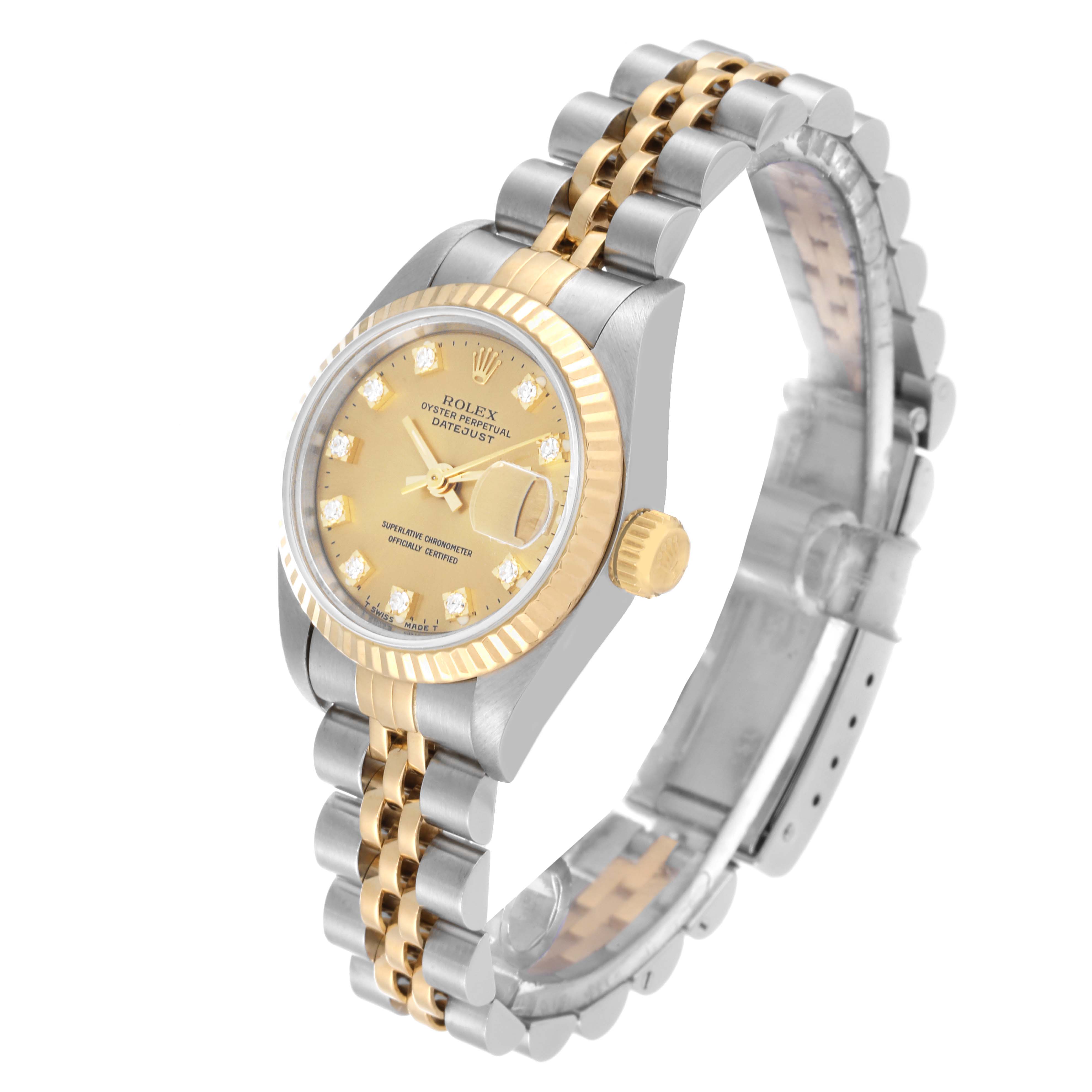 The image shows the Rolex Datejust 69173 Women's Steel and Gold (two tone) Champagne Dial 69173 Women's Steel and Gold (two tone) Champagne Dial watch at an angle highlighting the face, bezel, crown, and two-tone Jubilee bracelet.
