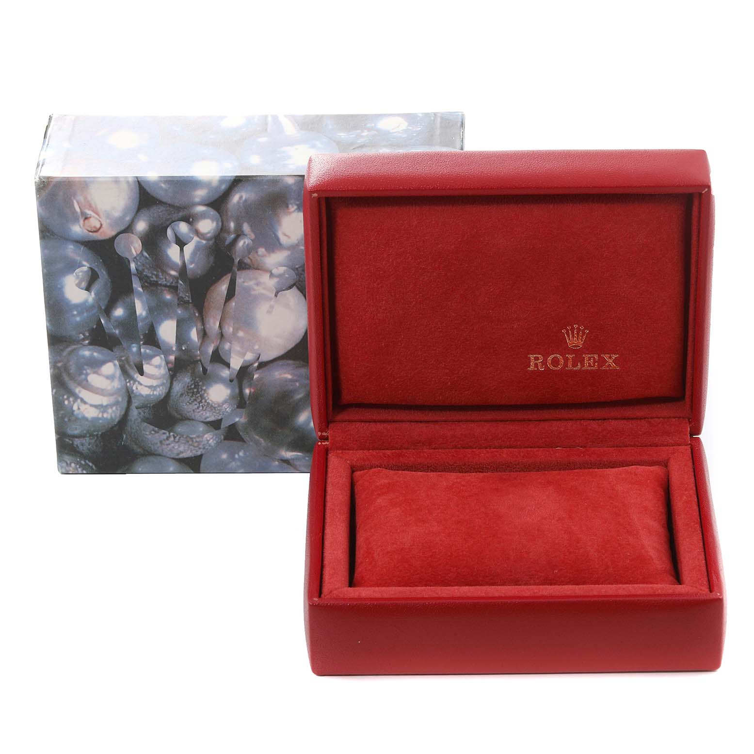 The image shows the accessory box for a Rolex Datejust 69173 Women's Steel and Gold (two tone) Champagne Dial 69173 Women's Steel and Gold (two tone) Champagne Dial watch, featuring a red interior and an outer box with a Rolex logo.