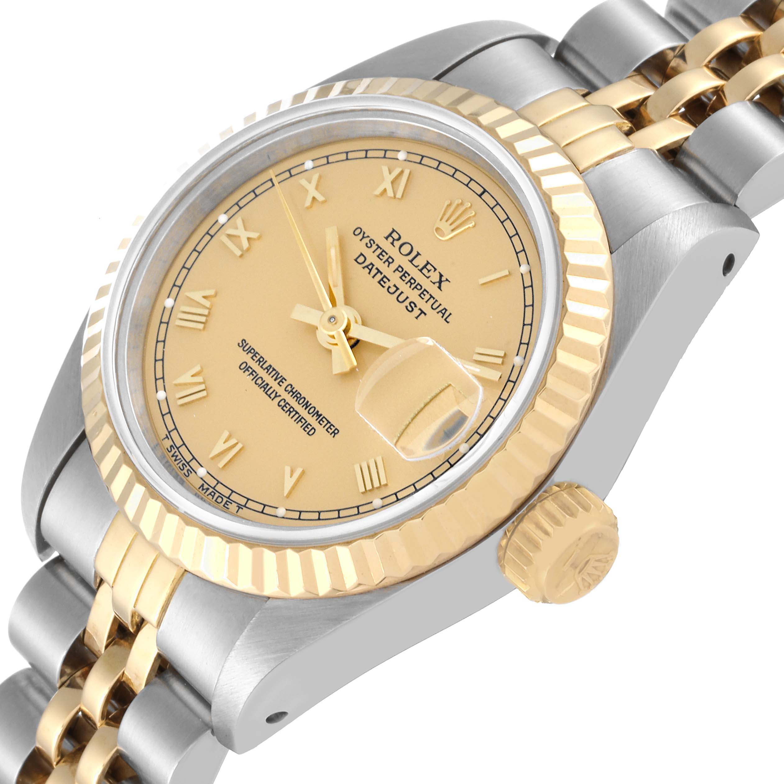 The image shows a Rolex Datejust 69173 Women's Steel and Gold (two tone) Champagne Dial 69173 Women's Steel and Gold (two tone) Champagne Dial watch at an oblique angle, highlighting the gold bezel, crown, and part of the bracelet.