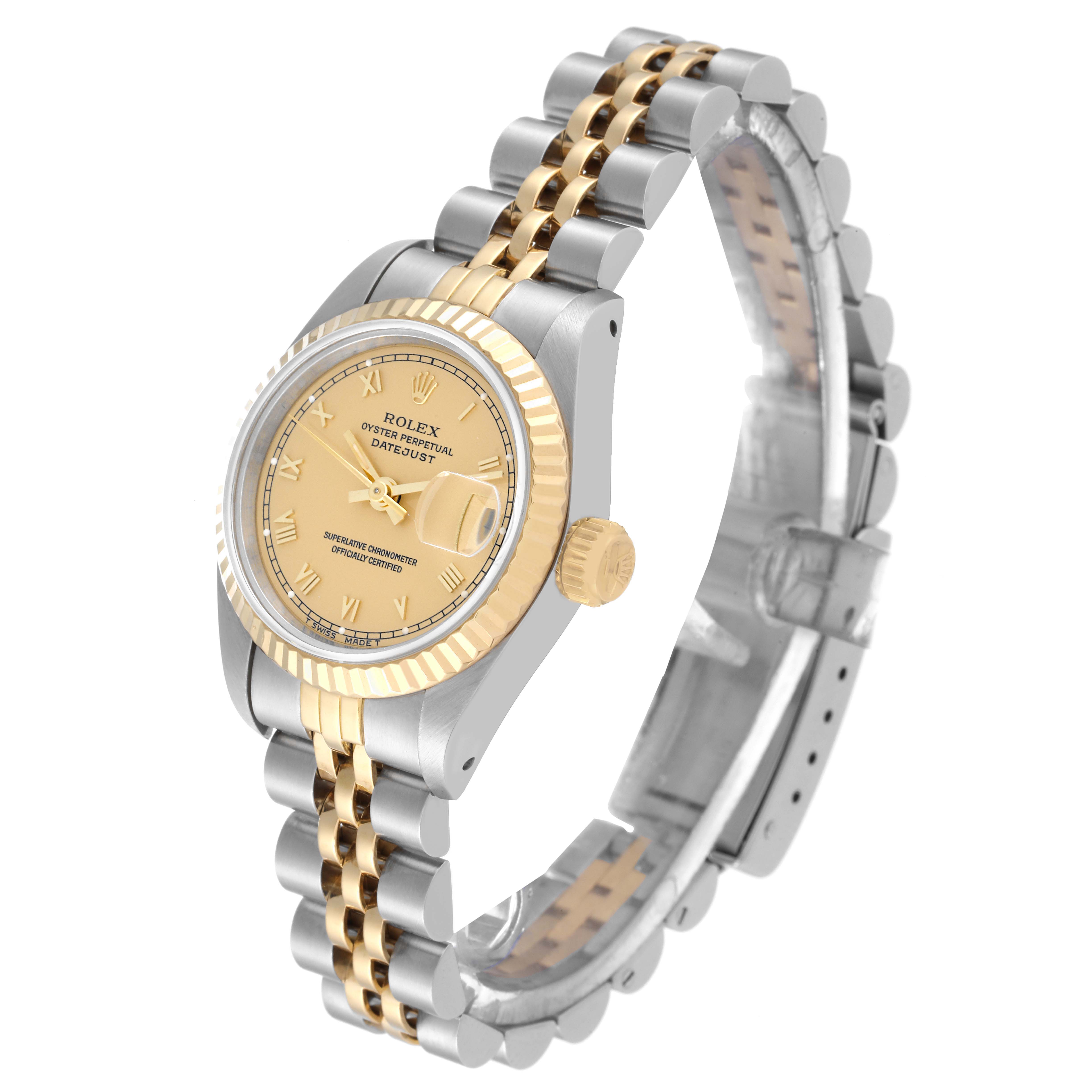 The image shows a side angle of a Rolex Datejust 69173 Women's Steel and Gold (two tone) Champagne Dial 69173 Women's Steel and Gold (two tone) Champagne Dial watch, highlighting the dial, case, fluted bezel, and two-tone bracelet.