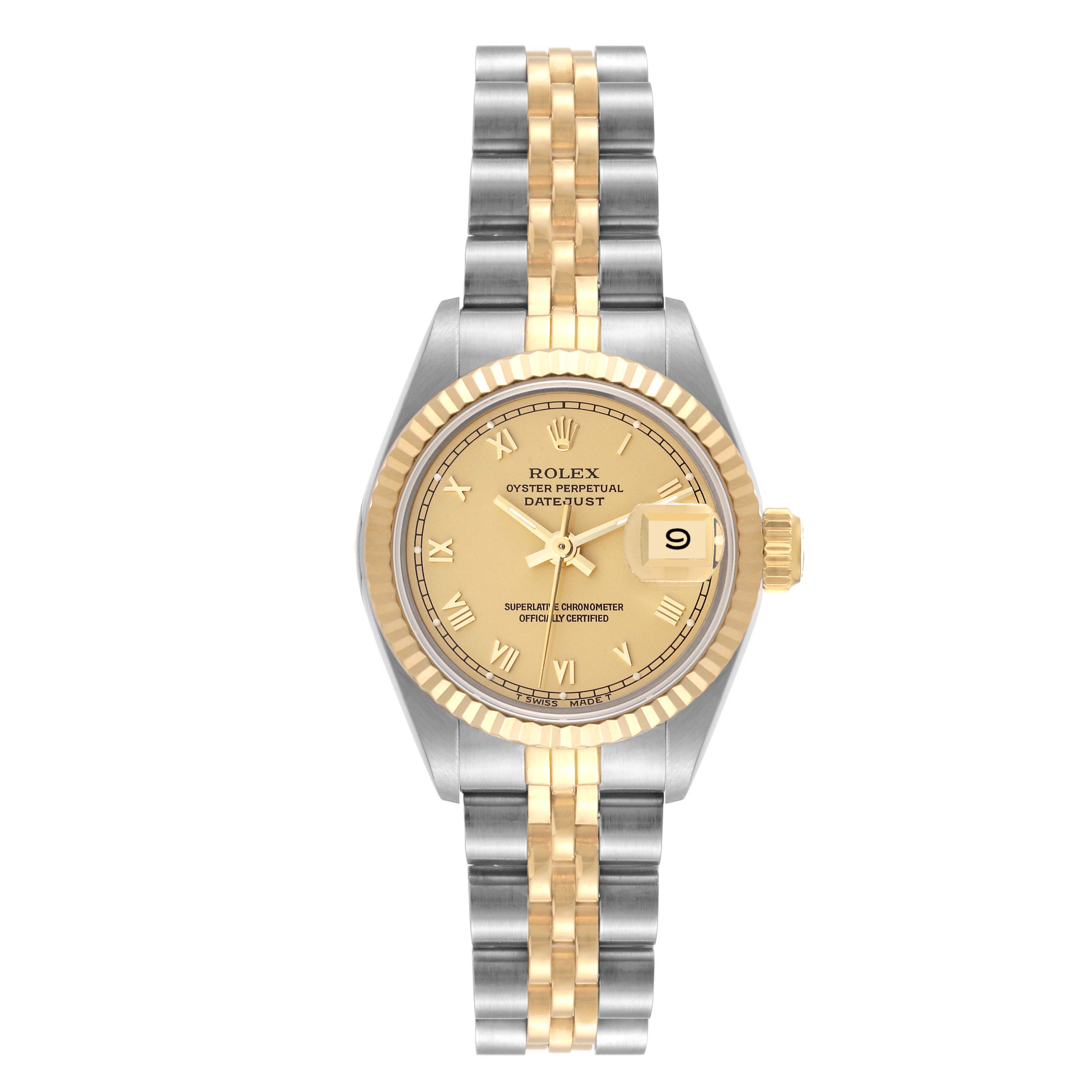 This image shows a front view of a Rolex Datejust 69173 Women's Steel and Gold (two tone) Champagne Dial 69173 Women's Steel and Gold (two tone) Champagne Dial watch, highlighting the dial, bezel, and bracelet.