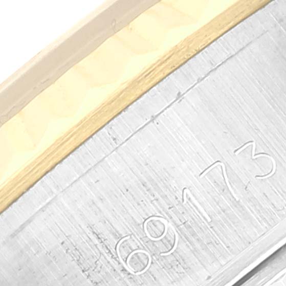 The image shows a close-up of the casing and model number (69173) of a Rolex Datejust 69173 Women's Steel and Gold (two tone) Champagne Dial 69173 Women's Steel and Gold (two tone) Champagne Dial watch.