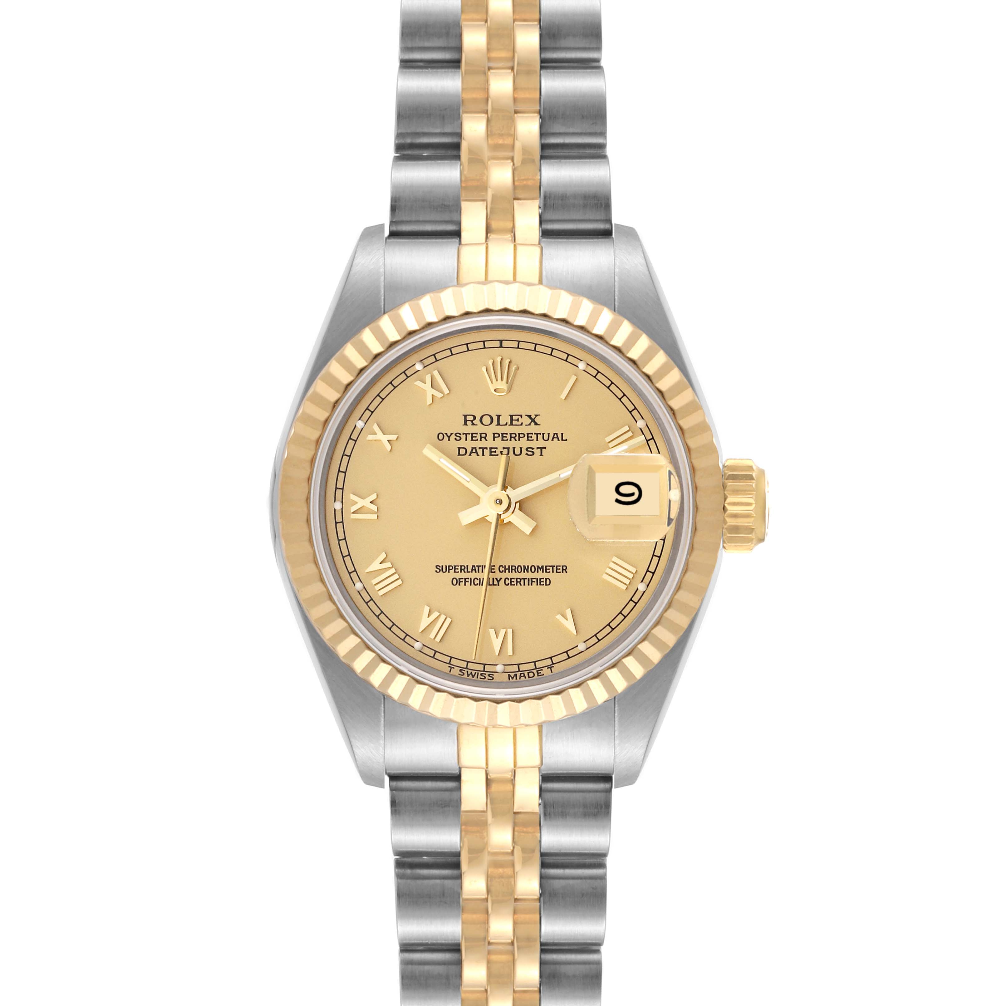 This image shows a front view of a Rolex Datejust 69173 Women's Steel and Gold (two tone) Champagne Dial 69173 Women's Steel and Gold (two tone) Champagne Dial watch, highlighting its dial, bezel, and bracelet.