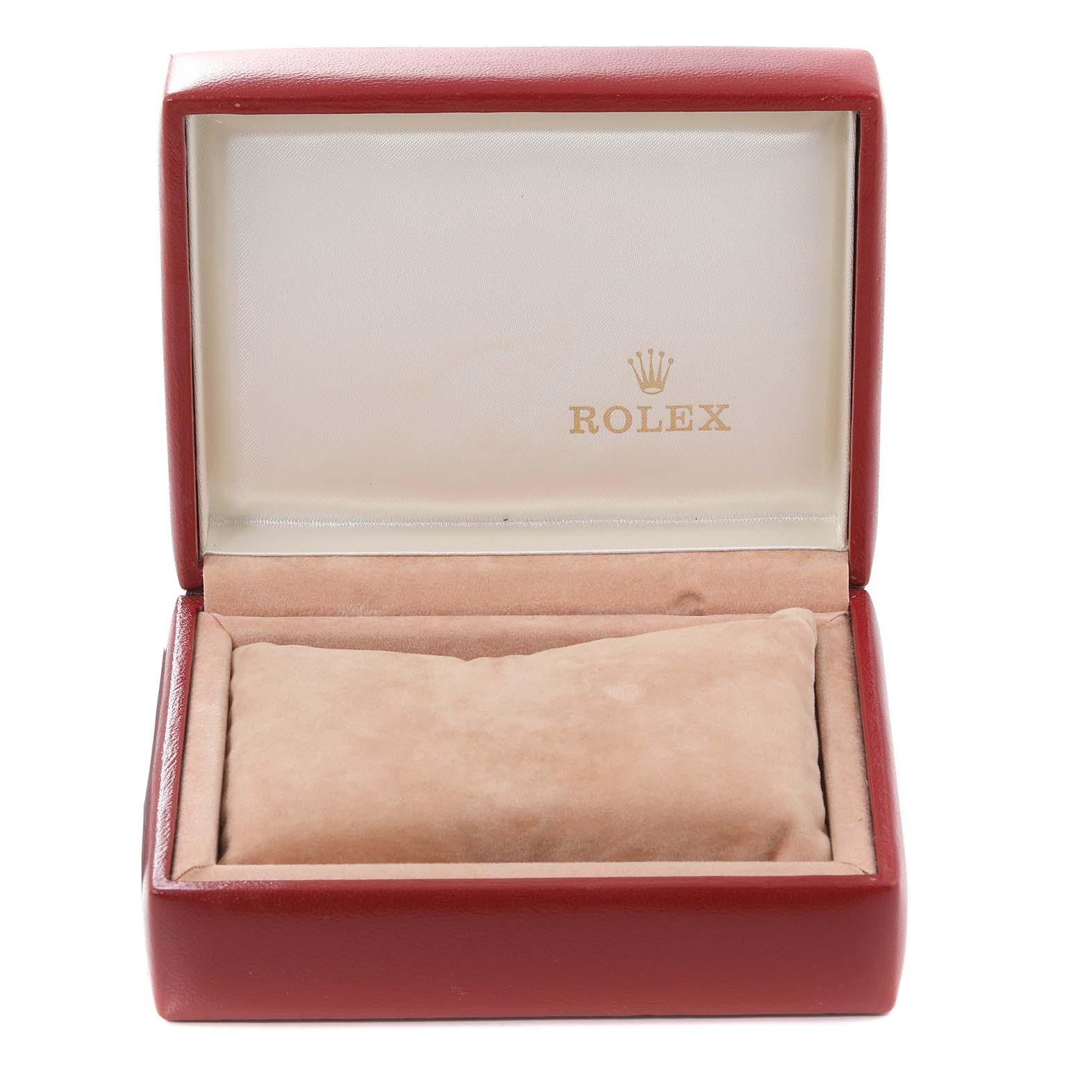 This image shows an open Rolex Datejust 69173 Women's Steel and Gold (two tone) Champagne Dial 69173 Women's Steel and Gold (two tone) Champagne Dial watch box from a front angle, displaying the interior cushion and lid.