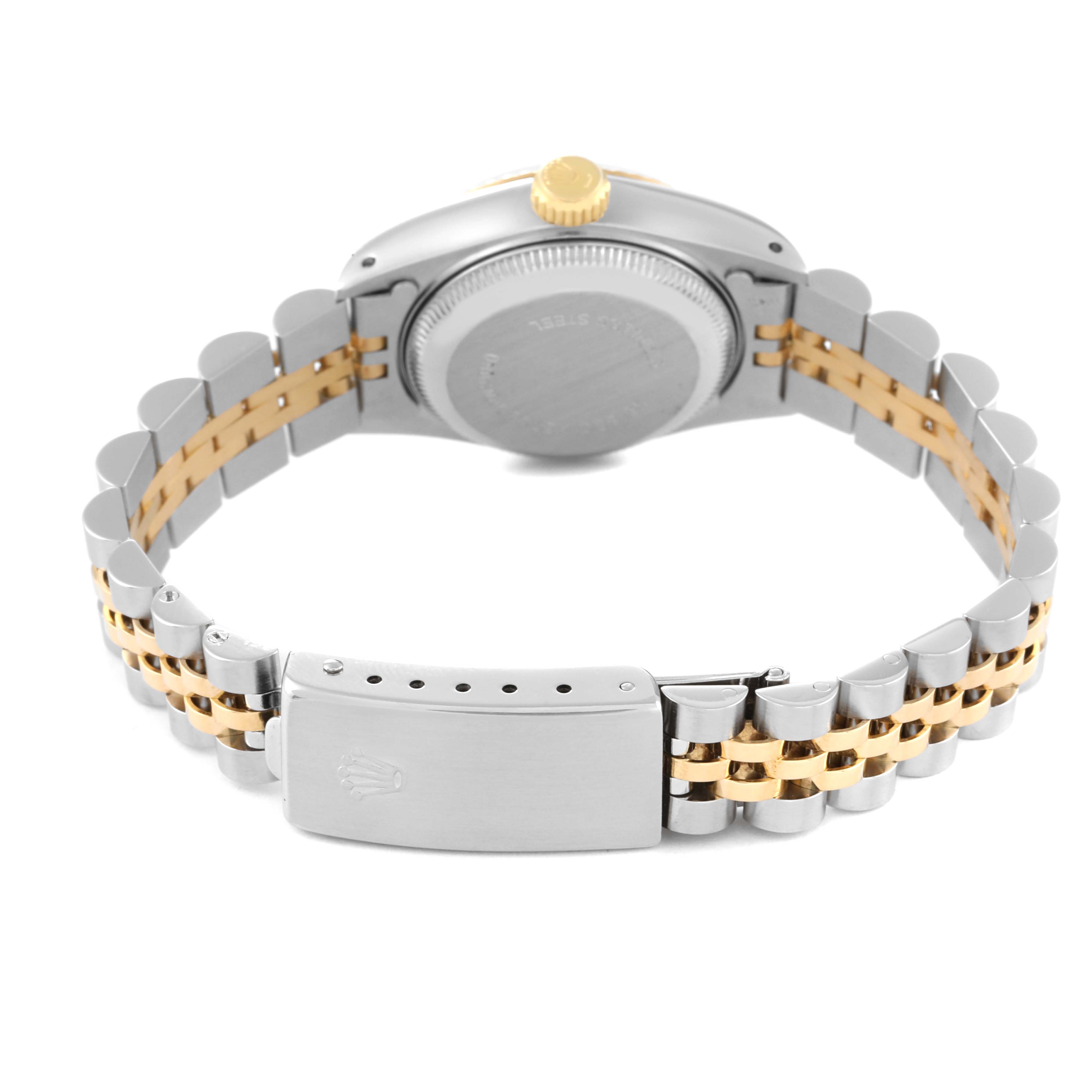 This image shows the back view of a Rolex Datejust 69173 Women's Steel and Gold (two tone) Champagne Dial 69173 Women's Steel and Gold (two tone) Champagne Dial watch, highlighting the clasp, bracelet, and case back.