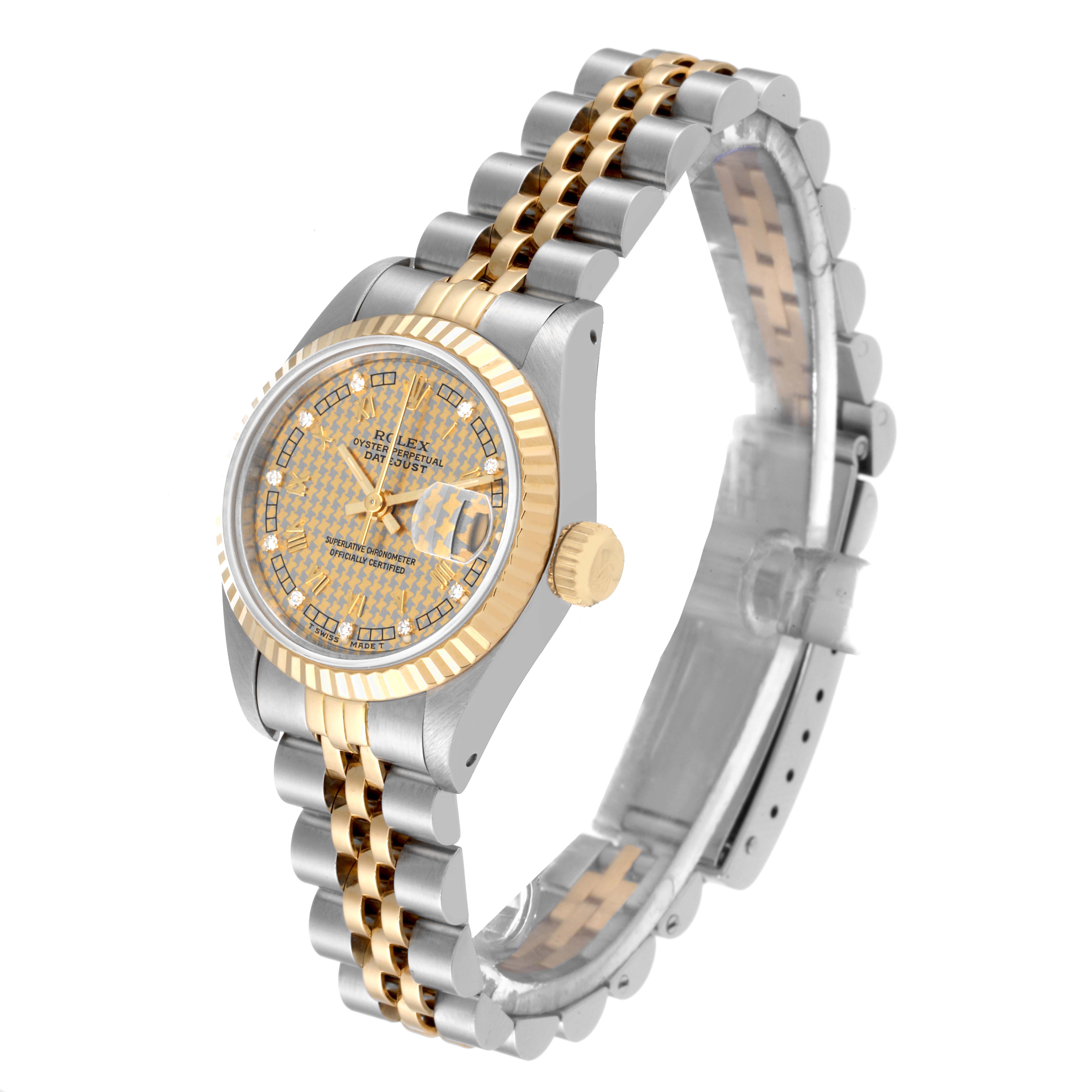 The Rolex Datejust 69173 Women's Steel and Gold (two tone) Champagne Dial 69173 Women's Steel and Gold (two tone) Champagne Dial watch is shown from an angled front view, displaying the dial, bezel, crown, and parts of the jubilee bracelet.