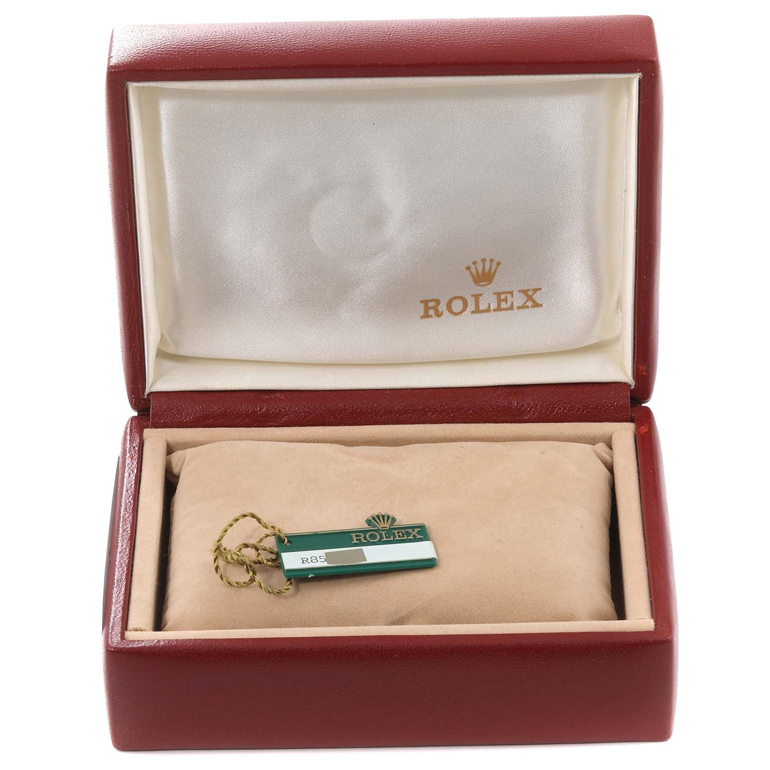 This image shows an open Rolex Datejust 69173 Women's Steel and Gold (two tone) Champagne Dial 69173 Women's Steel and Gold (two tone) Champagne Dial watch box with a tag inside, but the watch itself is not visible.