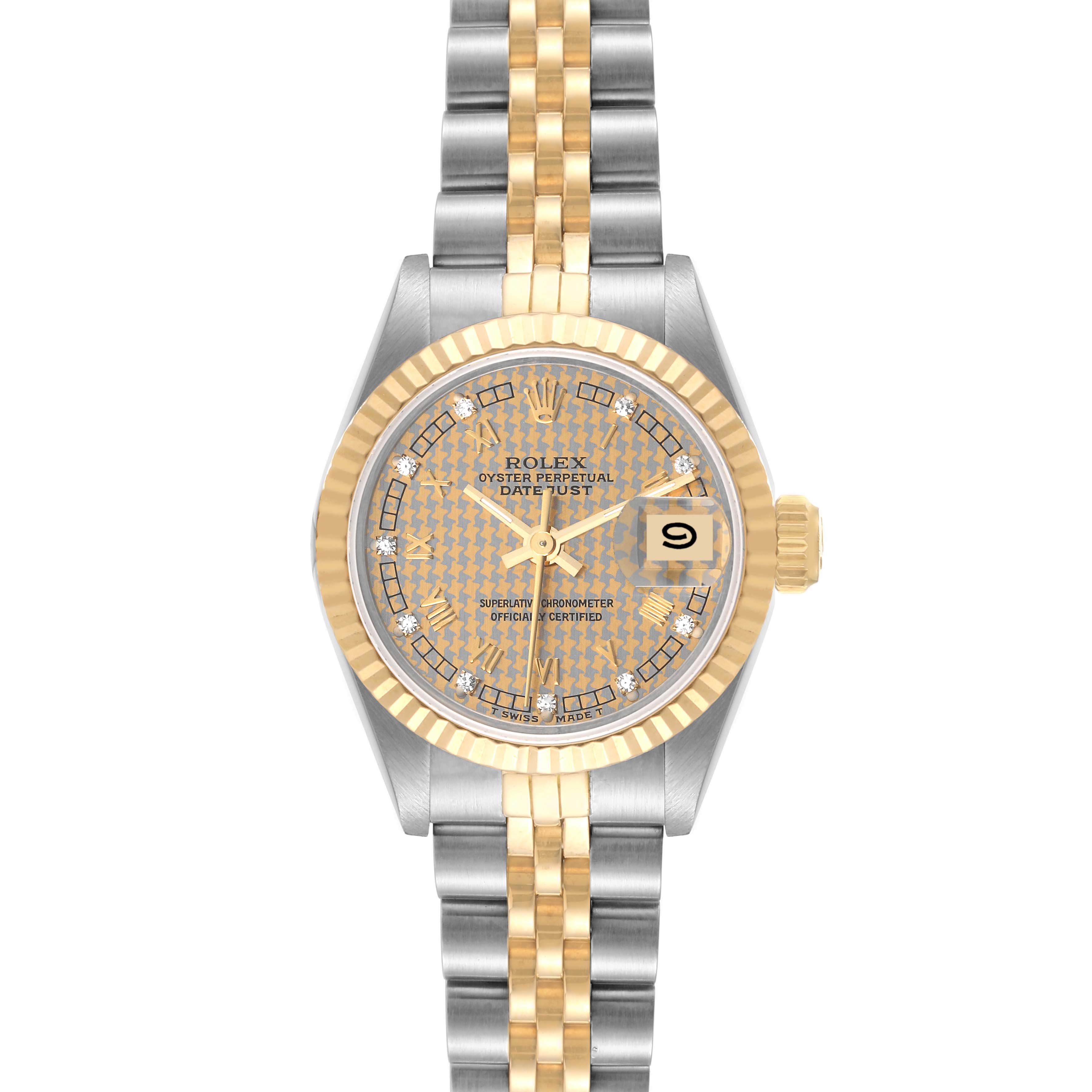 The image shows a frontal view of a Rolex Datejust 69173 Women's Steel and Gold (two tone) Champagne Dial 69173 Women's Steel and Gold (two tone) Champagne Dial watch, highlighting the dial, bezel, and part of the bracelet.