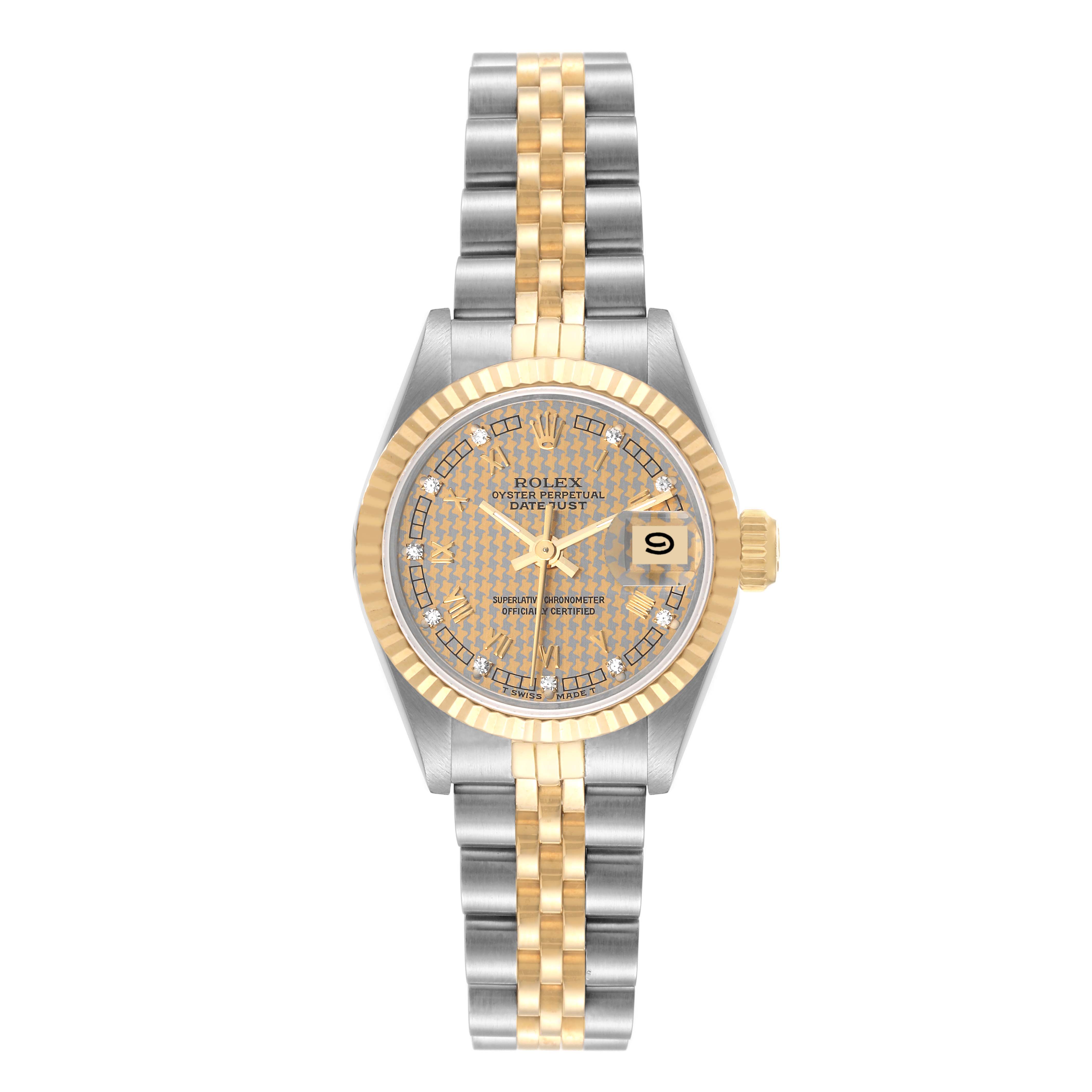 The image shows a frontal view of a Rolex Datejust 69173 Women's Steel and Gold (two tone) Champagne Dial 69173 Women's Steel and Gold (two tone) Champagne Dial watch, displaying the dial, bezel, and two-tone bracelet.