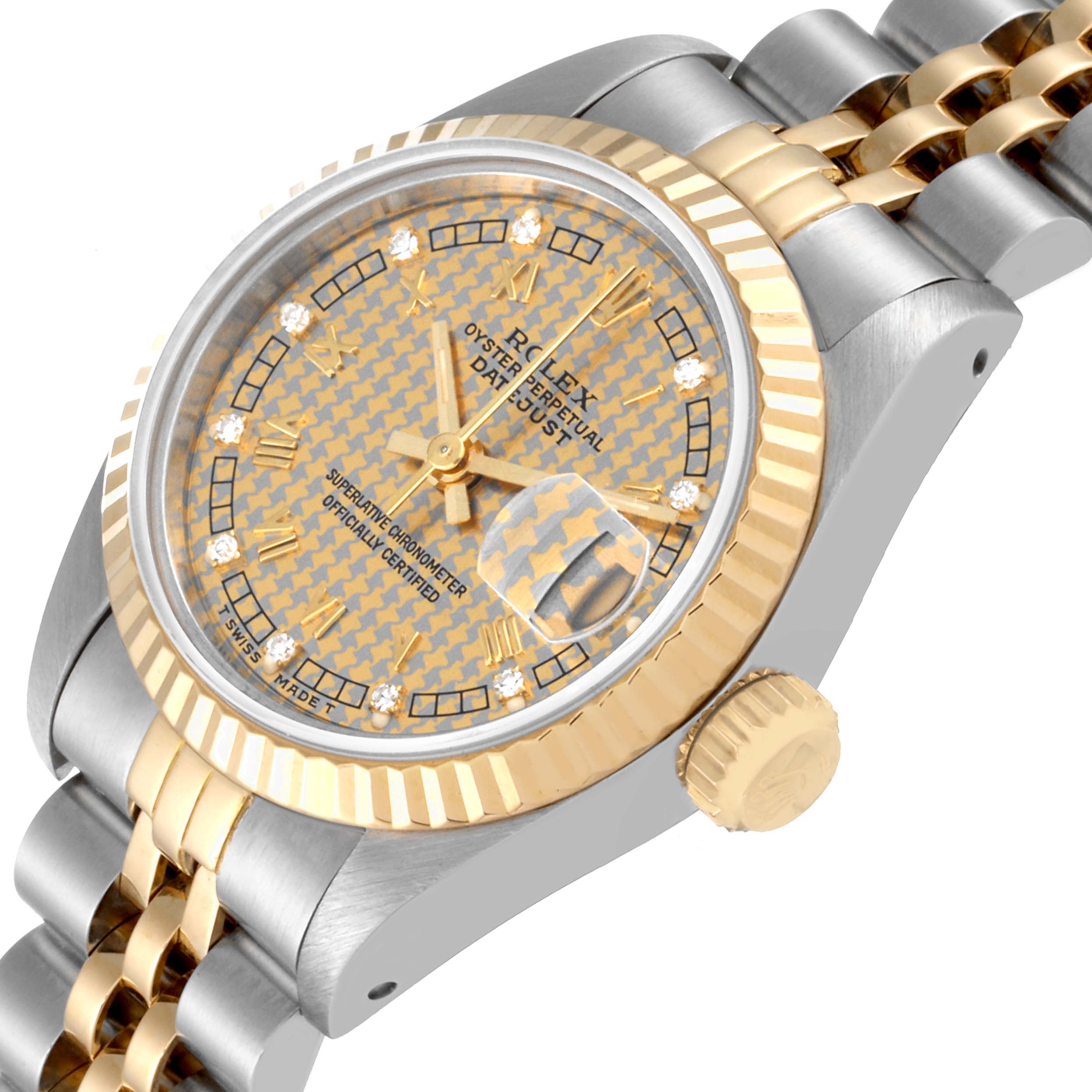 This Rolex Datejust 69173 Women's Steel and Gold (two tone) Champagne Dial 69173 Women's Steel and Gold (two tone) Champagne Dial watch is shown at a three-quarter angle highlighting the dial, bezel, crown, and bracelet.
