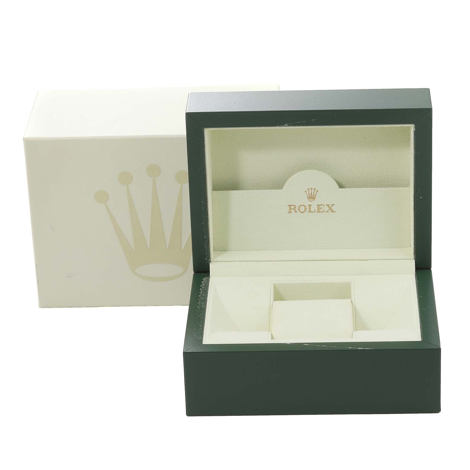 The image shows an open Rolex Datejust 179173 Women's Steel and Gold (two tone) Beige Dial 179173 Women's Steel and Gold (two tone) Beige Dial watch box, with the outer packaging and inner display case.