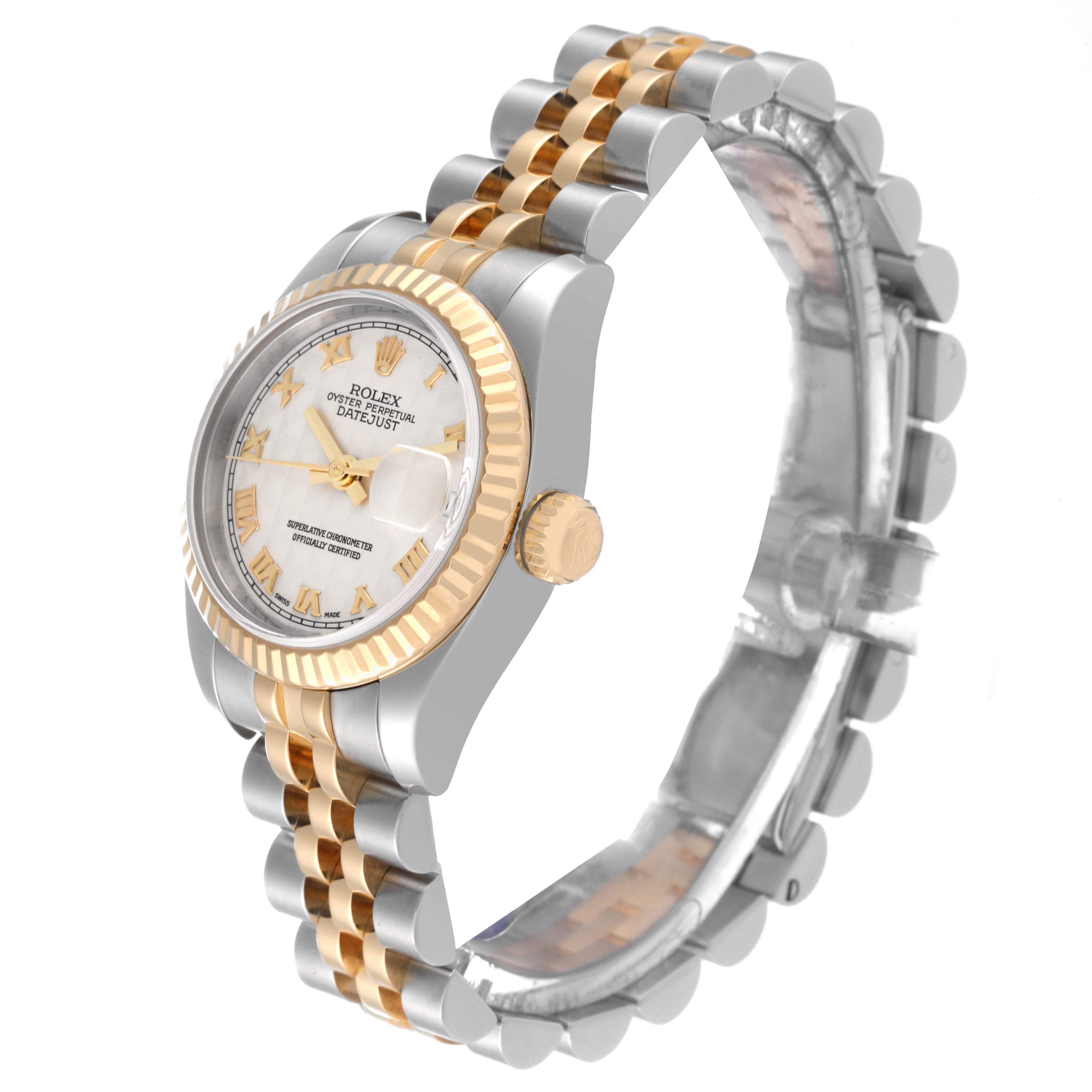 This image shows a Rolex Datejust 179173 Women's Steel and Gold (two tone) Beige Dial 179173 Women's Steel and Gold (two tone) Beige Dial watch at a slight angle, highlighting its gold and silver Jubilee bracelet and fluted bezel.