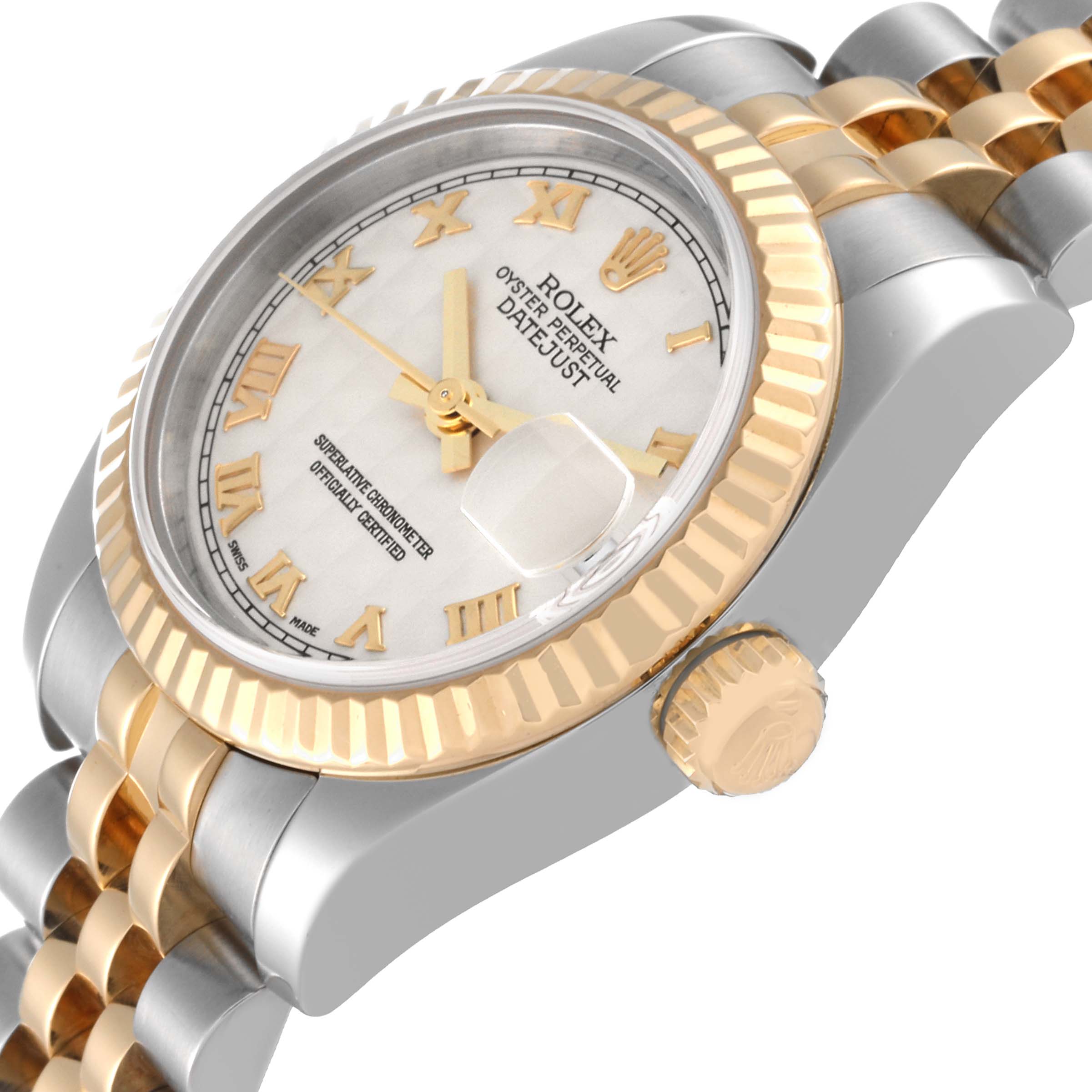 This image shows a side angle view of a Rolex Datejust 179173 Women's Steel and Gold (two tone) Beige Dial 179173 Women's Steel and Gold (two tone) Beige Dial watch, highlighting its bezel, crown, and bracelet.